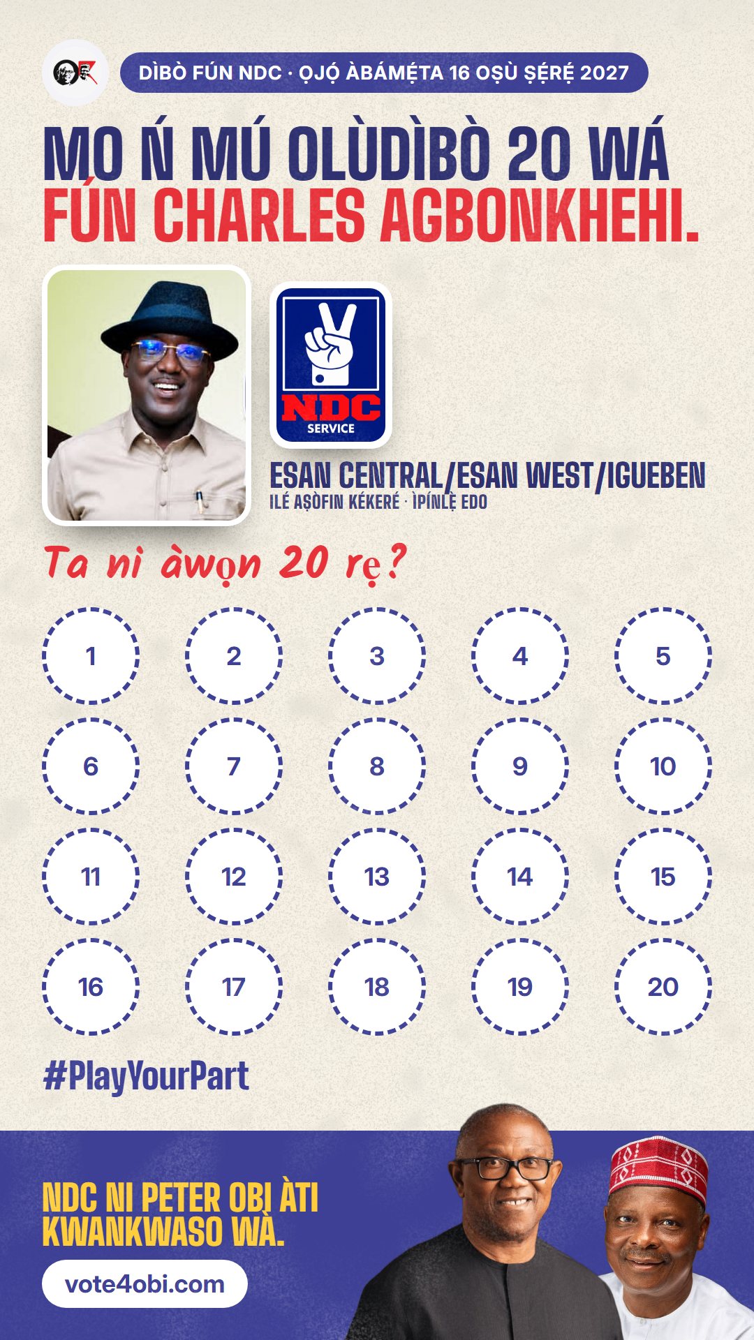 Àwòrán WhatsApp status: Charles Agbonkhehi, olùdíje NDC fún Ilé Aṣòfin Kékeré, Esan Central/Esan West/Igueben