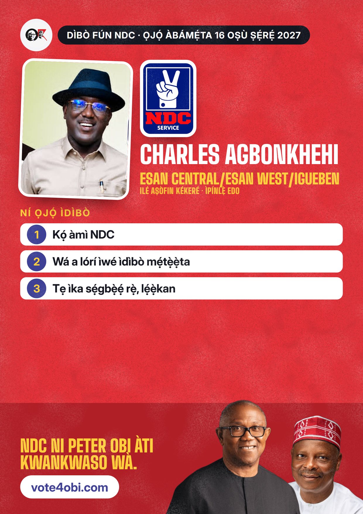 Pósítà: Charles Agbonkhehi, olùdíje NDC fún Ilé Aṣòfin Kékeré, Esan Central/Esan West/Igueben