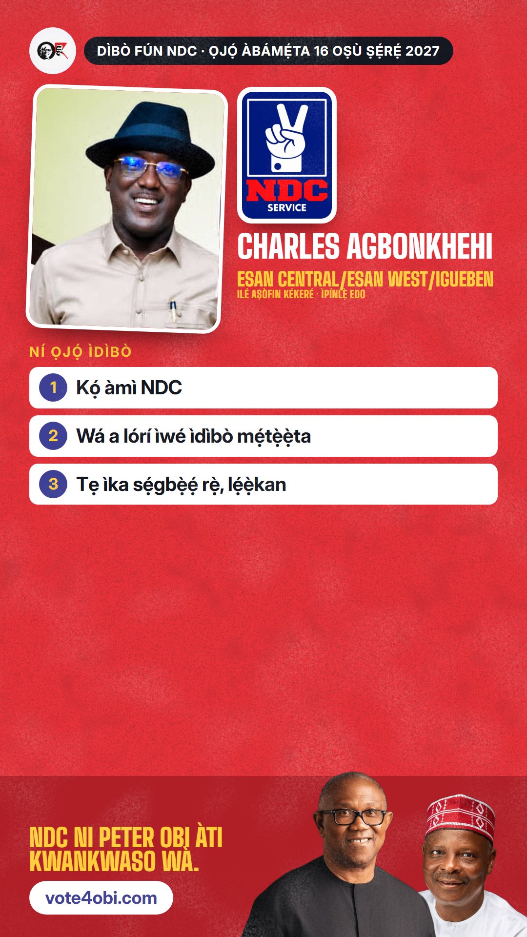 Àwòrán WhatsApp status: Charles Agbonkhehi, olùdíje NDC fún Ilé Aṣòfin Kékeré, Esan Central/Esan West/Igueben