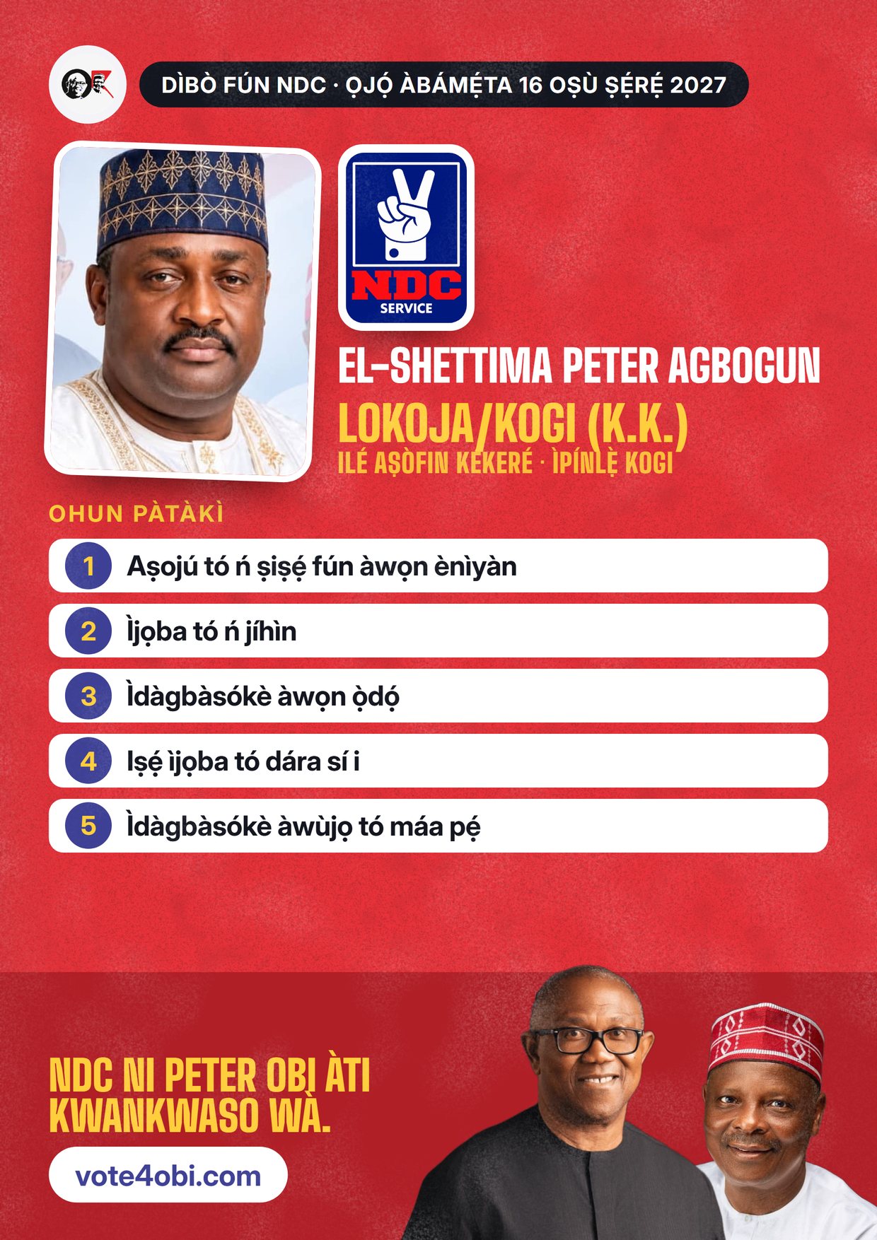 Pósítà: El-Shettima Peter Agbogun, olùdíje NDC fún Ilé Aṣòfin Kékeré, Lokoja/Kogi (K.K.)