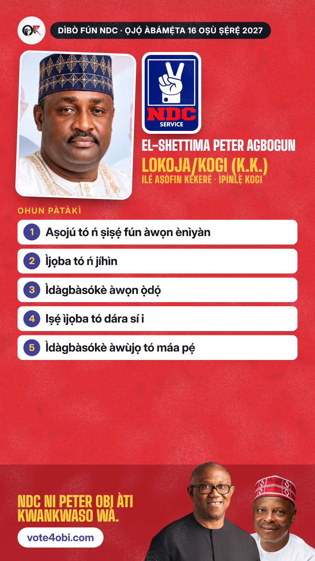Àwòrán WhatsApp status: El-Shettima Peter Agbogun, olùdíje NDC fún Ilé Aṣòfin Kékeré, Lokoja/Kogi (K.K.)