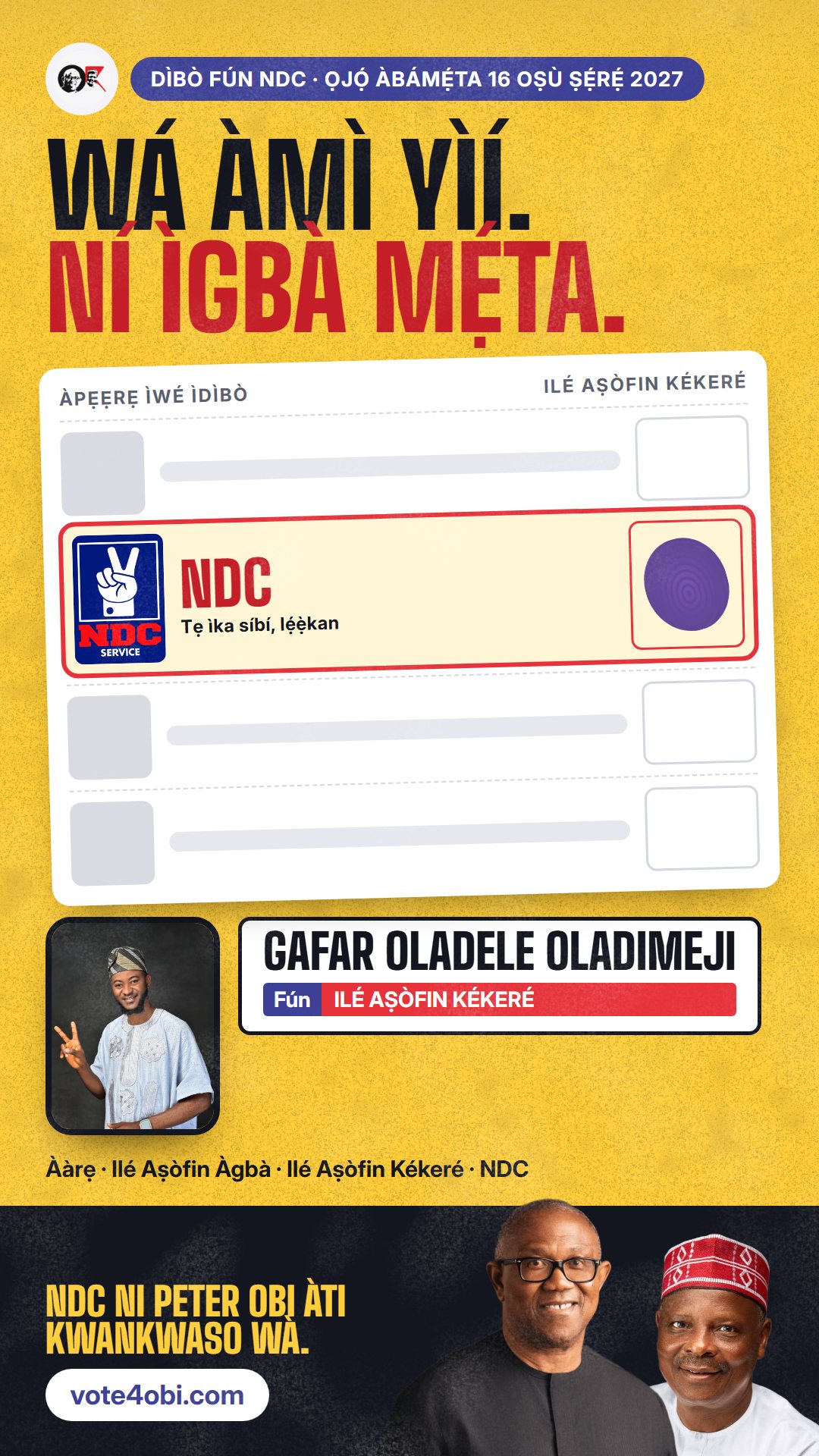Àwòrán WhatsApp status: Gafar Oladele Oladimeji, olùdíje NDC fún Ilé Aṣòfin Kékeré, Irepo/Olorunsogo/Oorelope