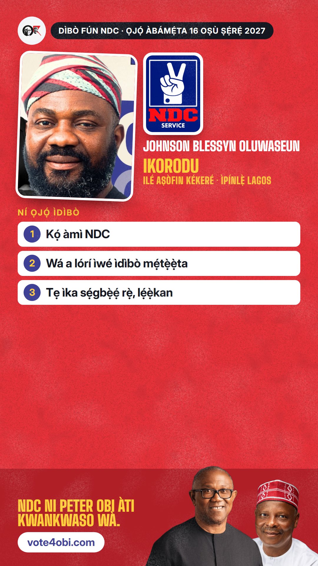 Àwòrán WhatsApp status: Johnson Blessyn Oluwaseun, olùdíje NDC fún Ilé Aṣòfin Kékeré, Ikorodu