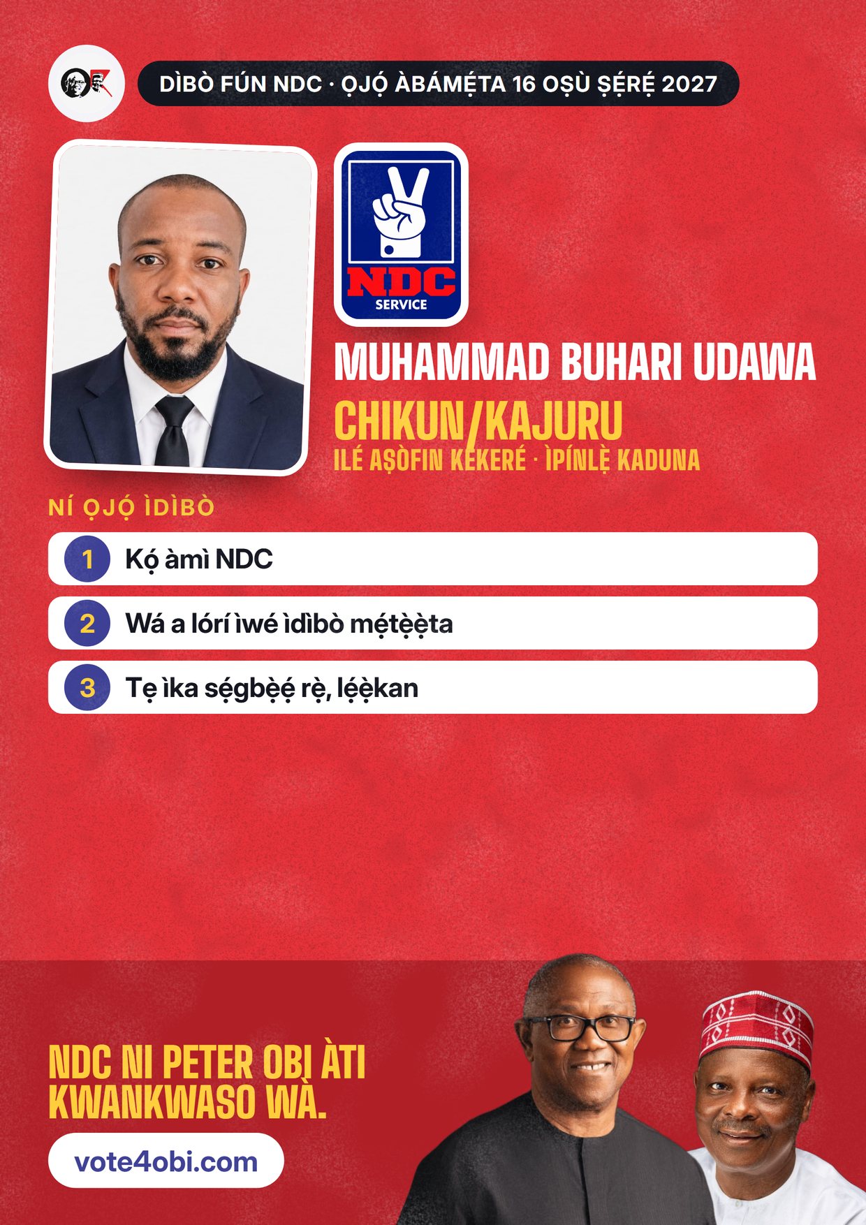 Pósítà: Muhammad Buhari Udawa, olùdíje NDC fún Ilé Aṣòfin Kékeré, Chikun/Kajuru
