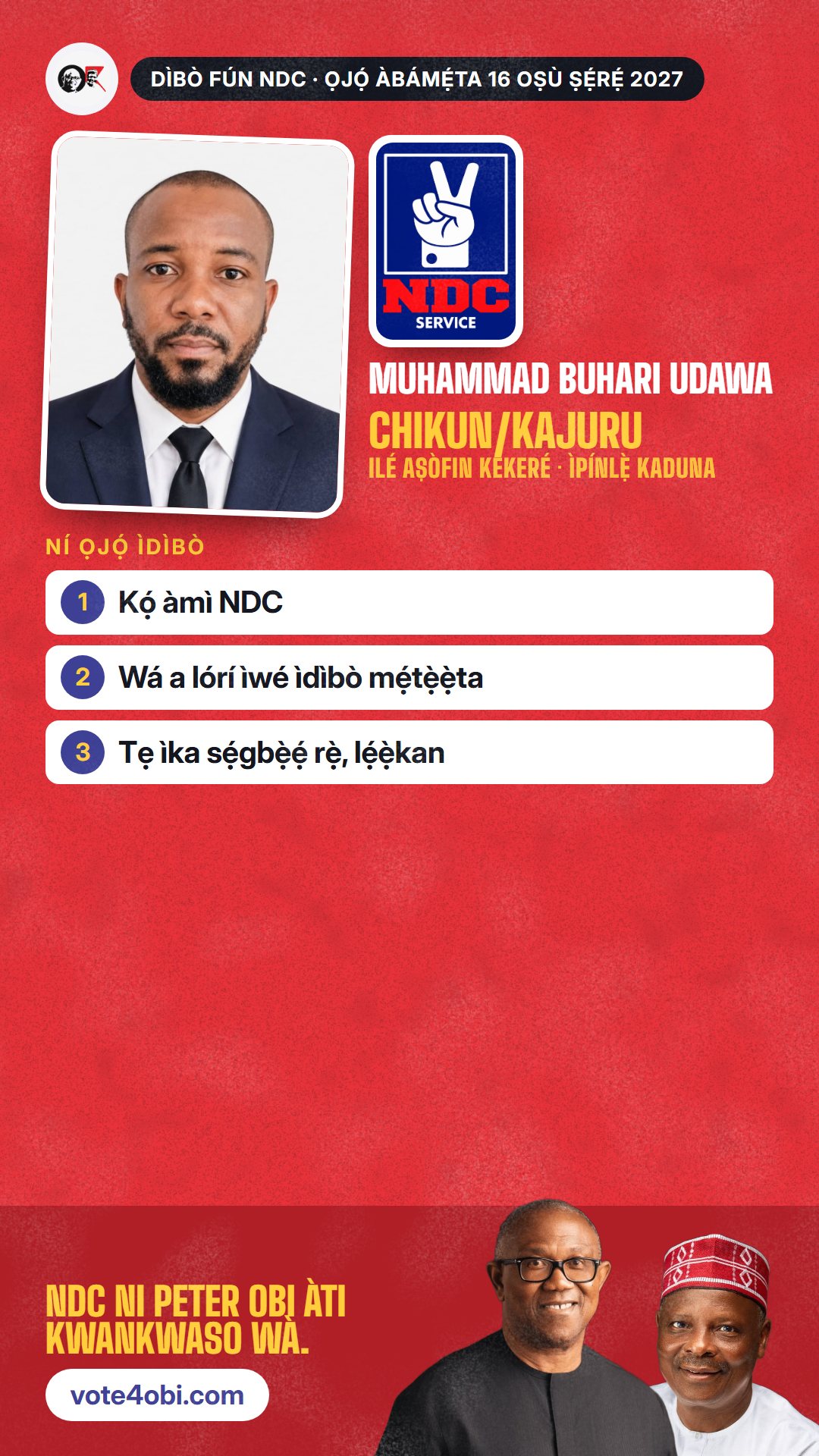 Àwòrán WhatsApp status: Muhammad Buhari Udawa, olùdíje NDC fún Ilé Aṣòfin Kékeré, Chikun/Kajuru