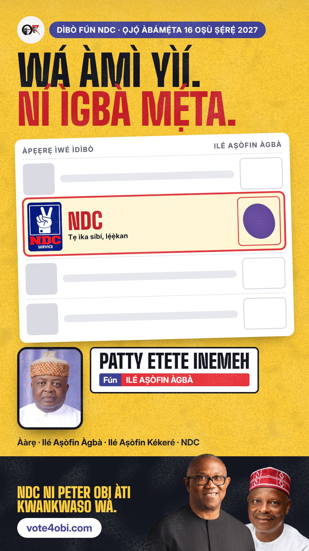 Àwòrán WhatsApp status: Patty Etete Inemeh, olùdíje NDC fún Ilé Aṣòfin Àgbà, Akwa Ibom North West