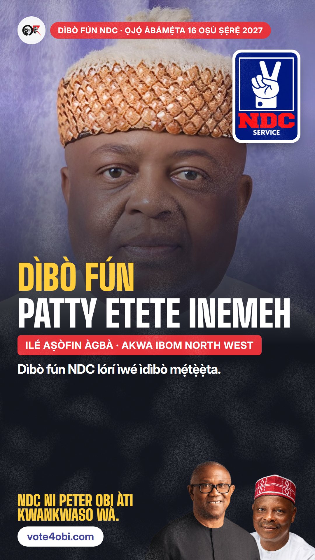 Àwòrán WhatsApp status: Patty Etete Inemeh, olùdíje NDC fún Ilé Aṣòfin Àgbà, Akwa Ibom North West