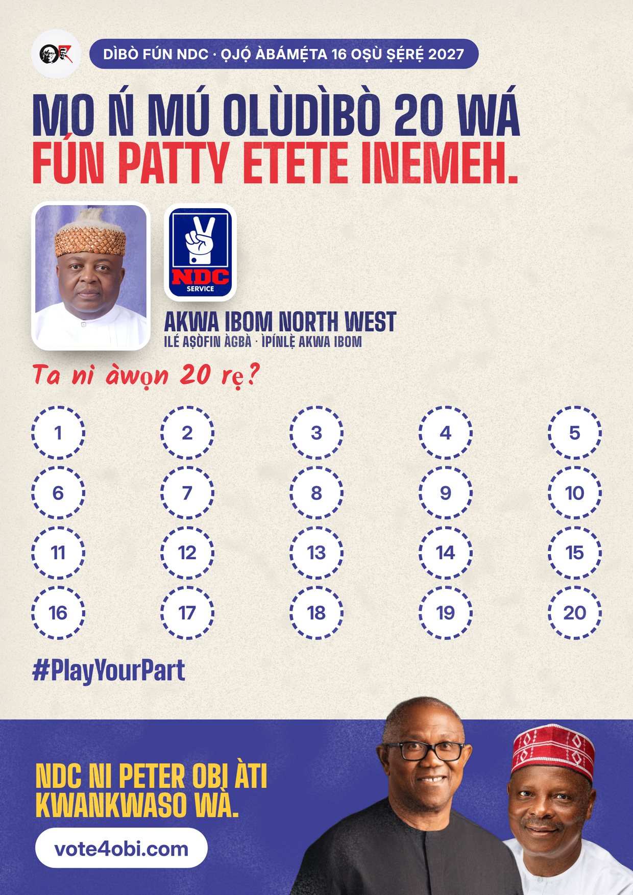 Pósítà: Patty Etete Inemeh, olùdíje NDC fún Ilé Aṣòfin Àgbà, Akwa Ibom North West