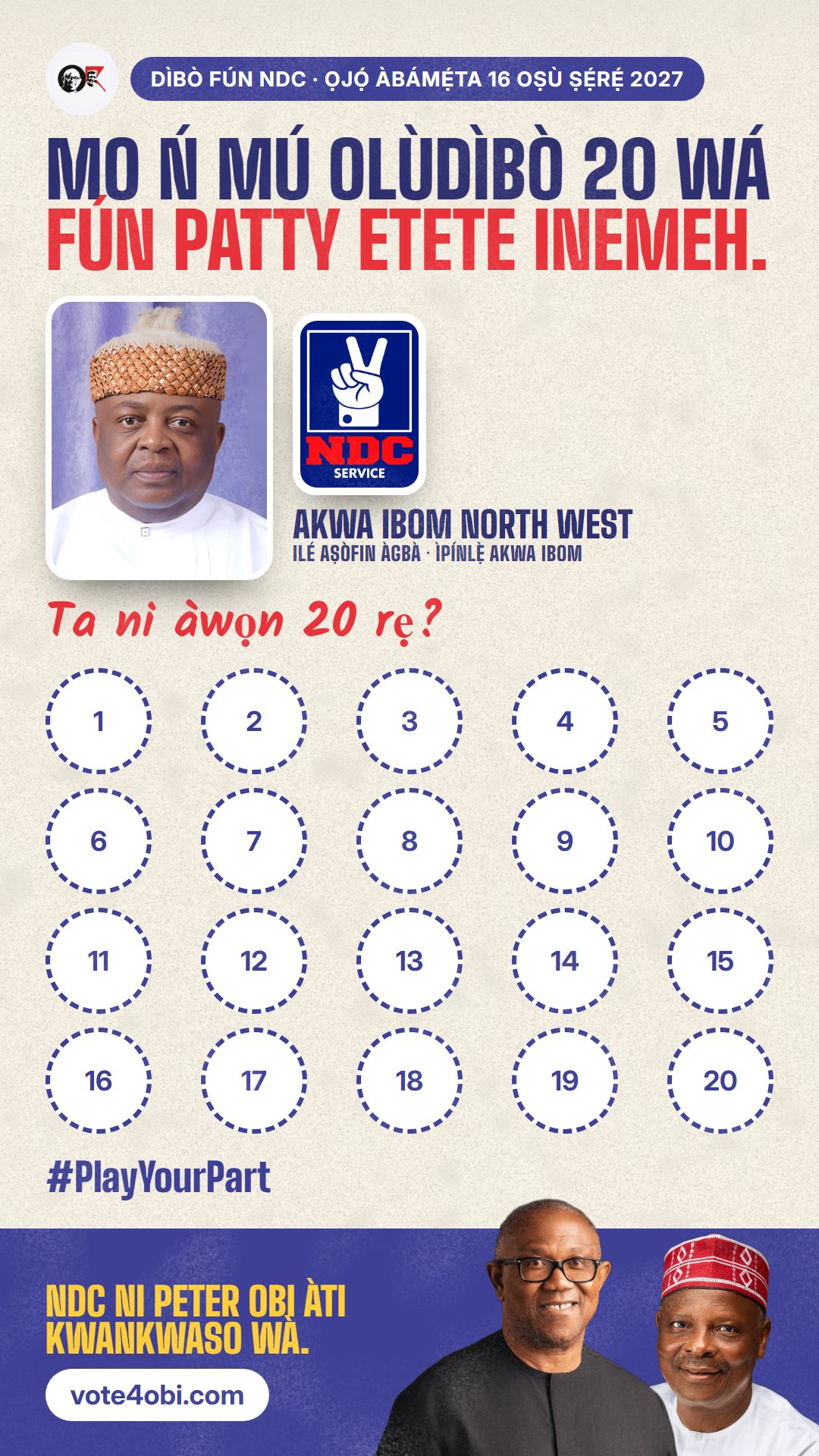 Àwòrán WhatsApp status: Patty Etete Inemeh, olùdíje NDC fún Ilé Aṣòfin Àgbà, Akwa Ibom North West