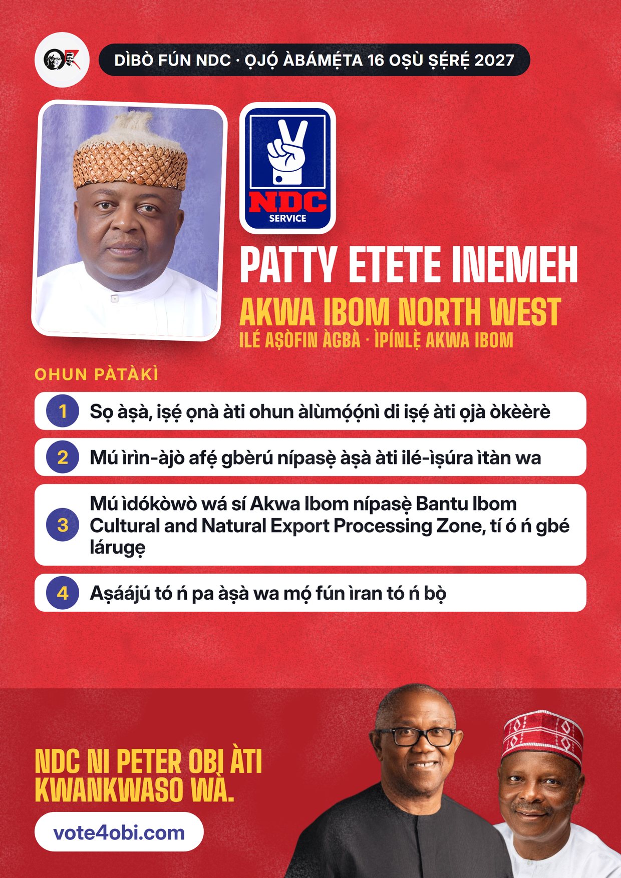 Pósítà: Patty Etete Inemeh, olùdíje NDC fún Ilé Aṣòfin Àgbà, Akwa Ibom North West