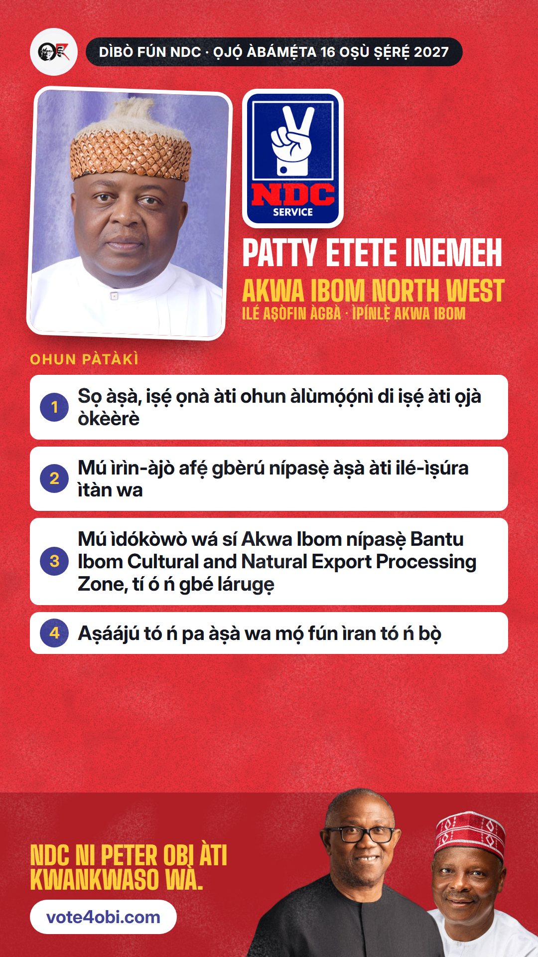 Àwòrán WhatsApp status: Patty Etete Inemeh, olùdíje NDC fún Ilé Aṣòfin Àgbà, Akwa Ibom North West