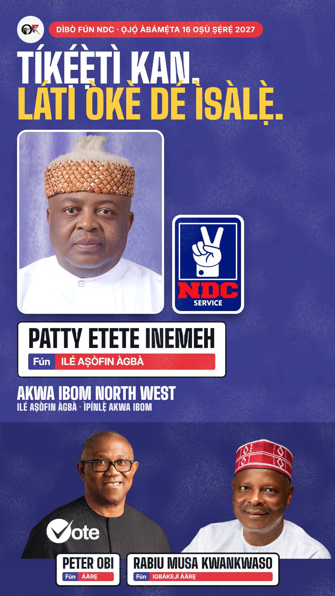 Àwòrán WhatsApp status: Patty Etete Inemeh, olùdíje NDC fún Ilé Aṣòfin Àgbà, Akwa Ibom North West