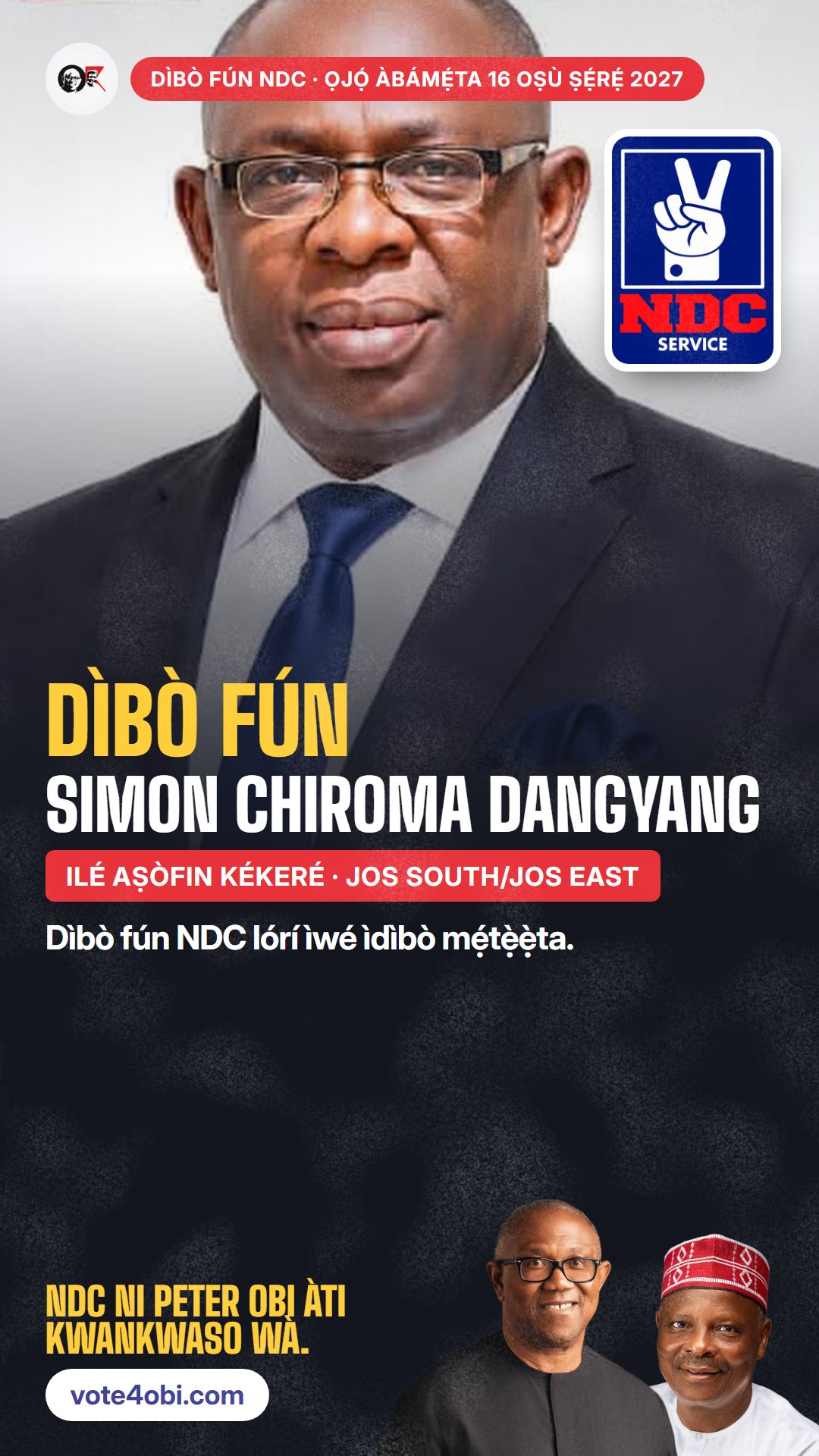Àwòrán WhatsApp status: Simon Chiroma Dangyang, olùdíje NDC fún Ilé Aṣòfin Kékeré, Jos South/Jos East