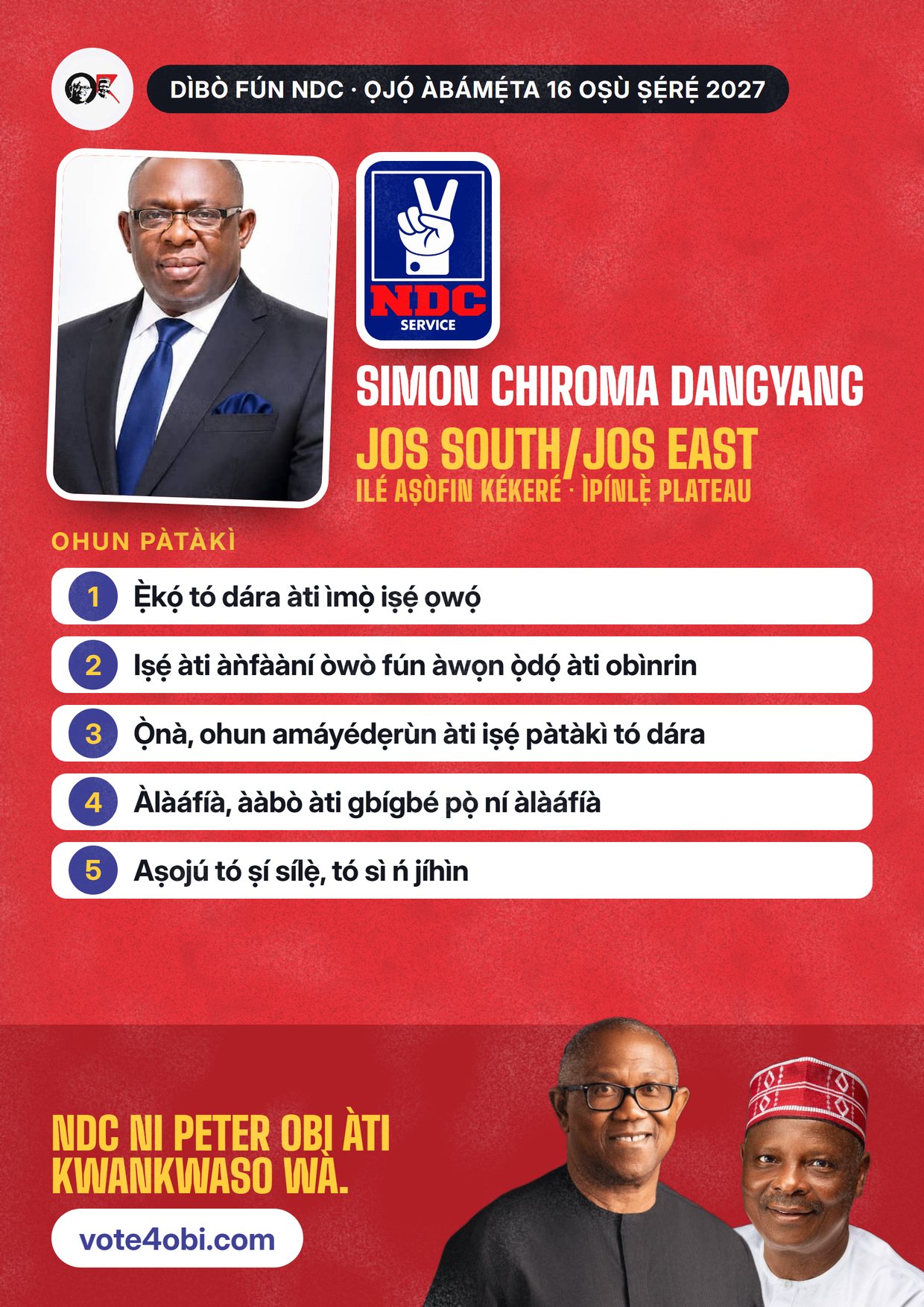 Pósítà: Simon Chiroma Dangyang, olùdíje NDC fún Ilé Aṣòfin Kékeré, Jos South/Jos East