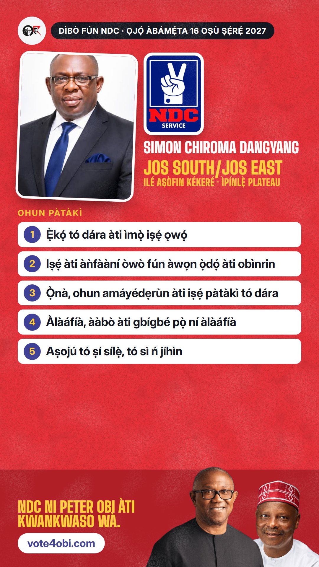 Àwòrán WhatsApp status: Simon Chiroma Dangyang, olùdíje NDC fún Ilé Aṣòfin Kékeré, Jos South/Jos East
