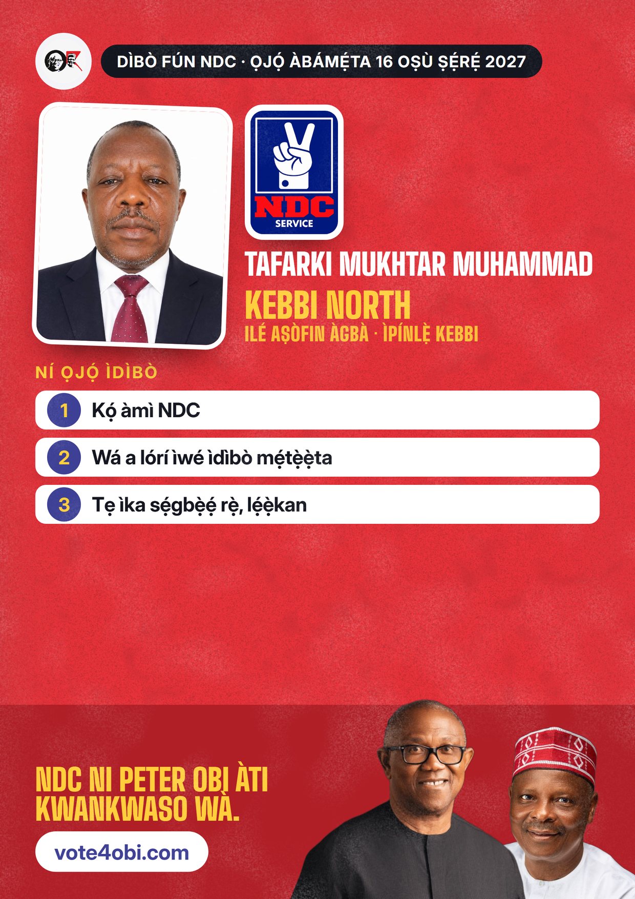 Pósítà: Tafarki Mukhtar Muhammad, olùdíje NDC fún Ilé Aṣòfin Àgbà, Kebbi North