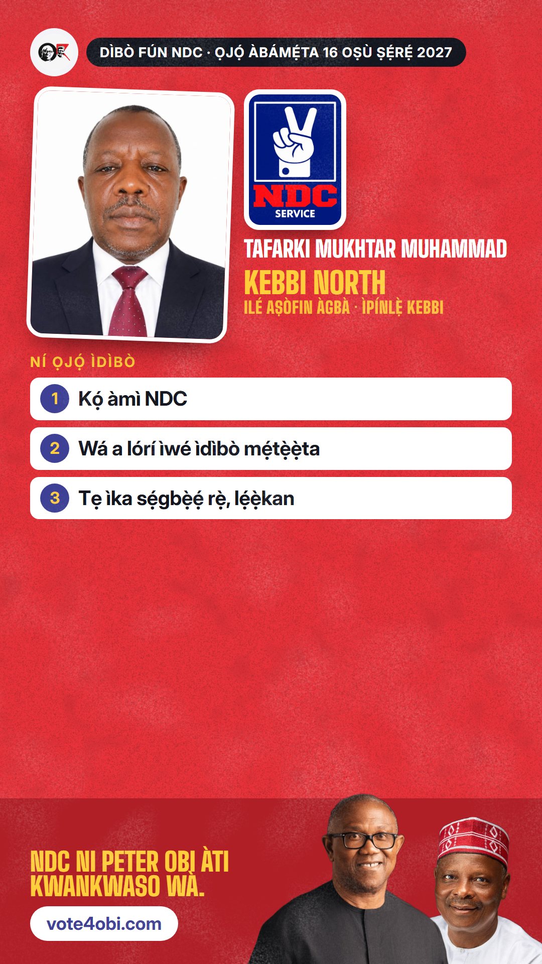 Àwòrán WhatsApp status: Tafarki Mukhtar Muhammad, olùdíje NDC fún Ilé Aṣòfin Àgbà, Kebbi North