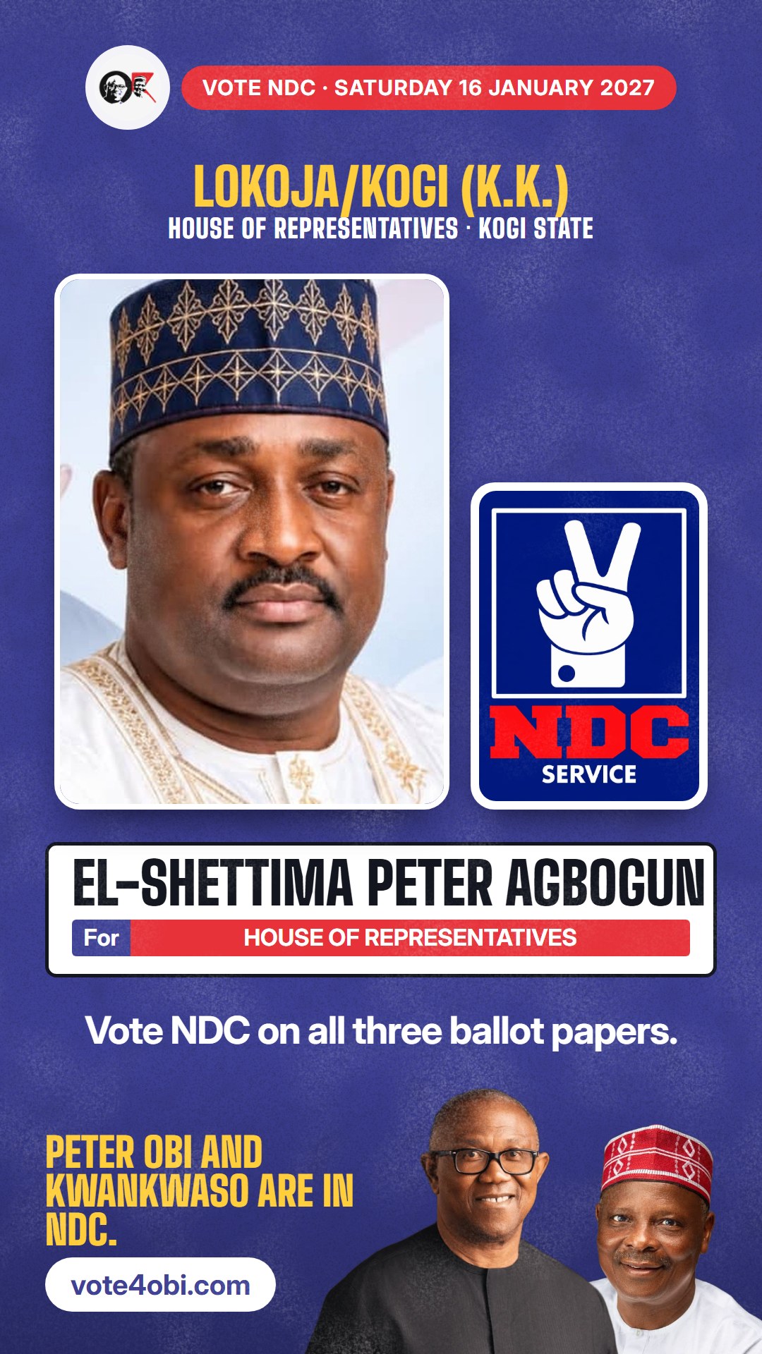 WhatsApp status picture: El-Shettima Peter Agbogun, NDC candidate for the House of Representatives, Lokoja/Kogi (K.K.)
