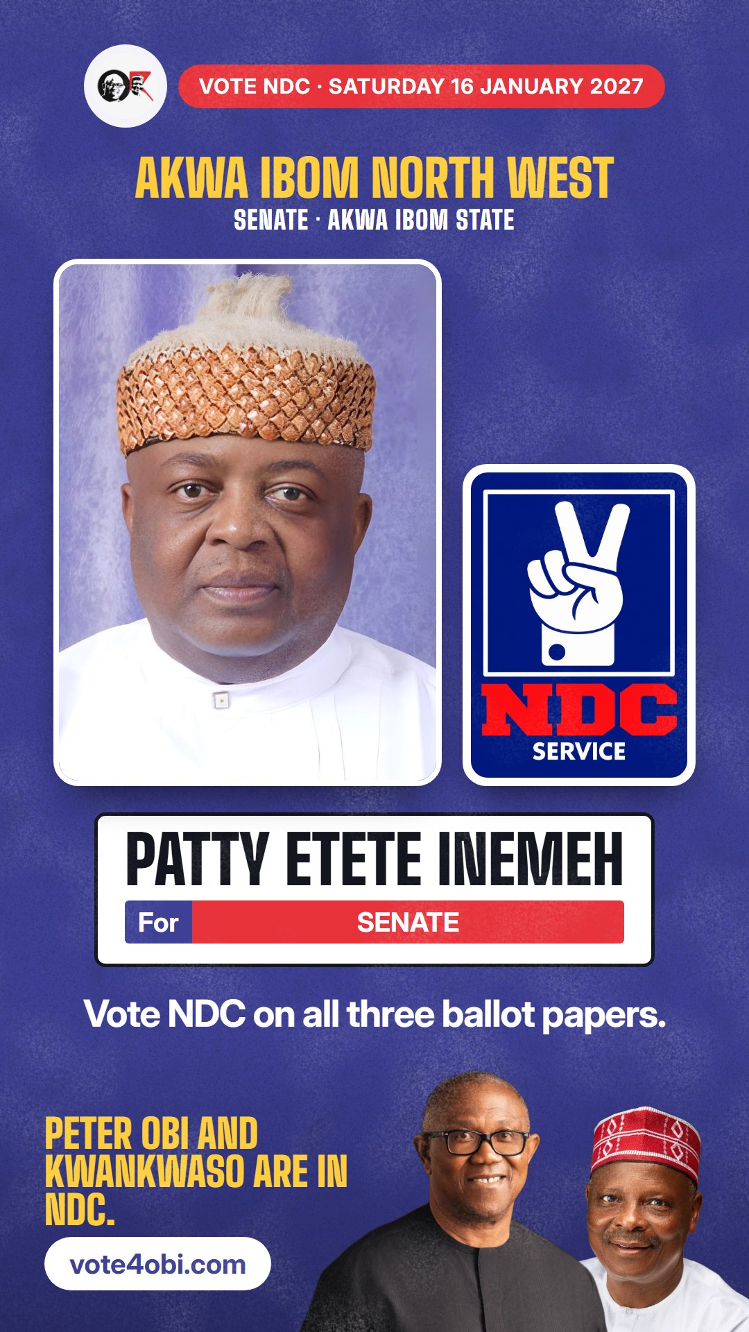 WhatsApp status picture: Patty Etete Inemeh, NDC candidate for the Senate, Akwa Ibom North West
