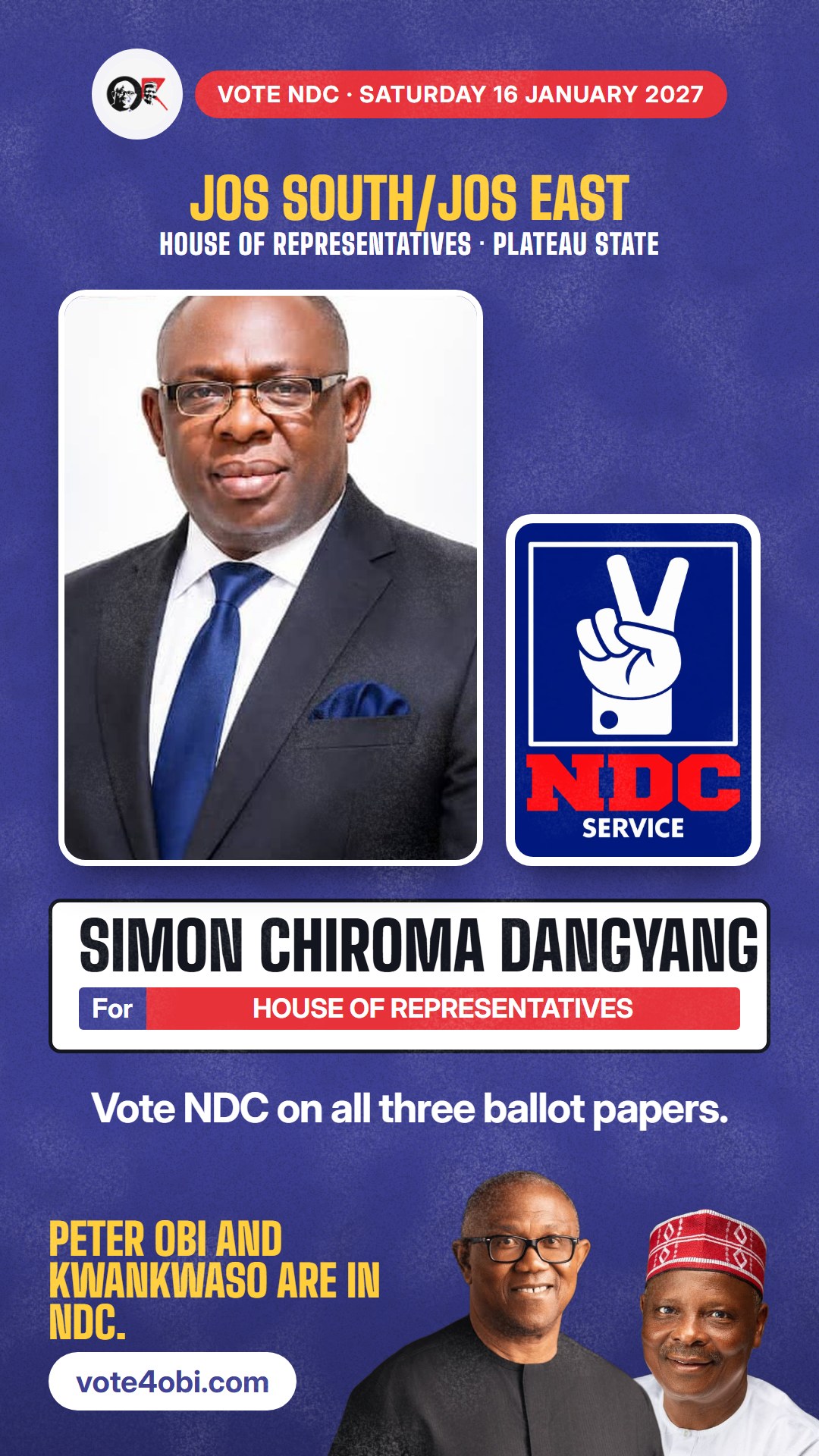 WhatsApp status picture: Simon Chiroma Dangyang, NDC candidate for the House of Representatives, Jos South/Jos East