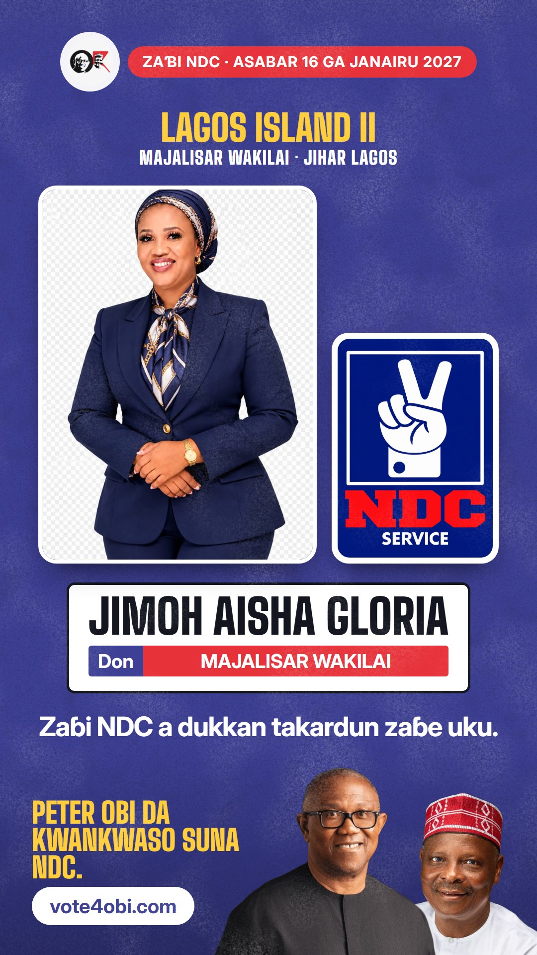 Hoton WhatsApp status: Jimoh Aisha Gloria, ɗan takarar NDC na Majalisar Wakilai, Lagos Island II