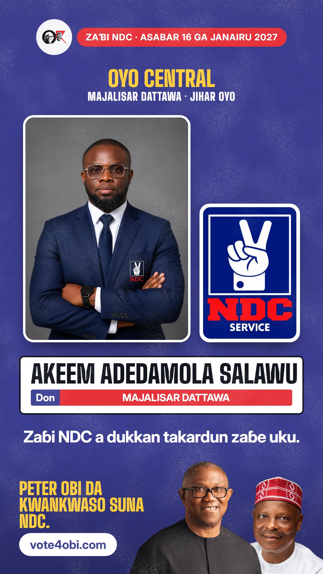 Hoton WhatsApp status: Akeem Adedamola Salawu, ɗan takarar NDC na Majalisar Dattawa, Oyo Central