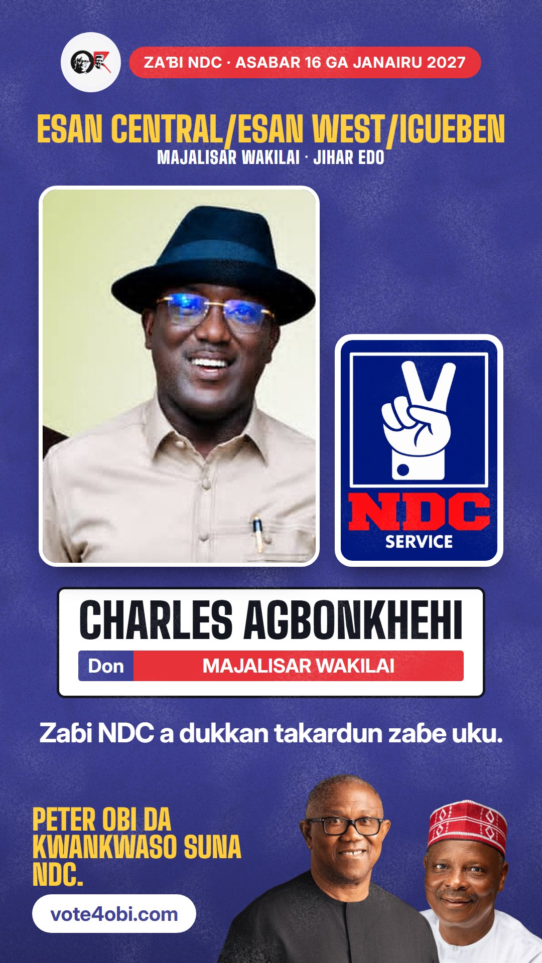 Hoton WhatsApp status: Charles Agbonkhehi, ɗan takarar NDC na Majalisar Wakilai, Esan Central/Esan West/Igueben