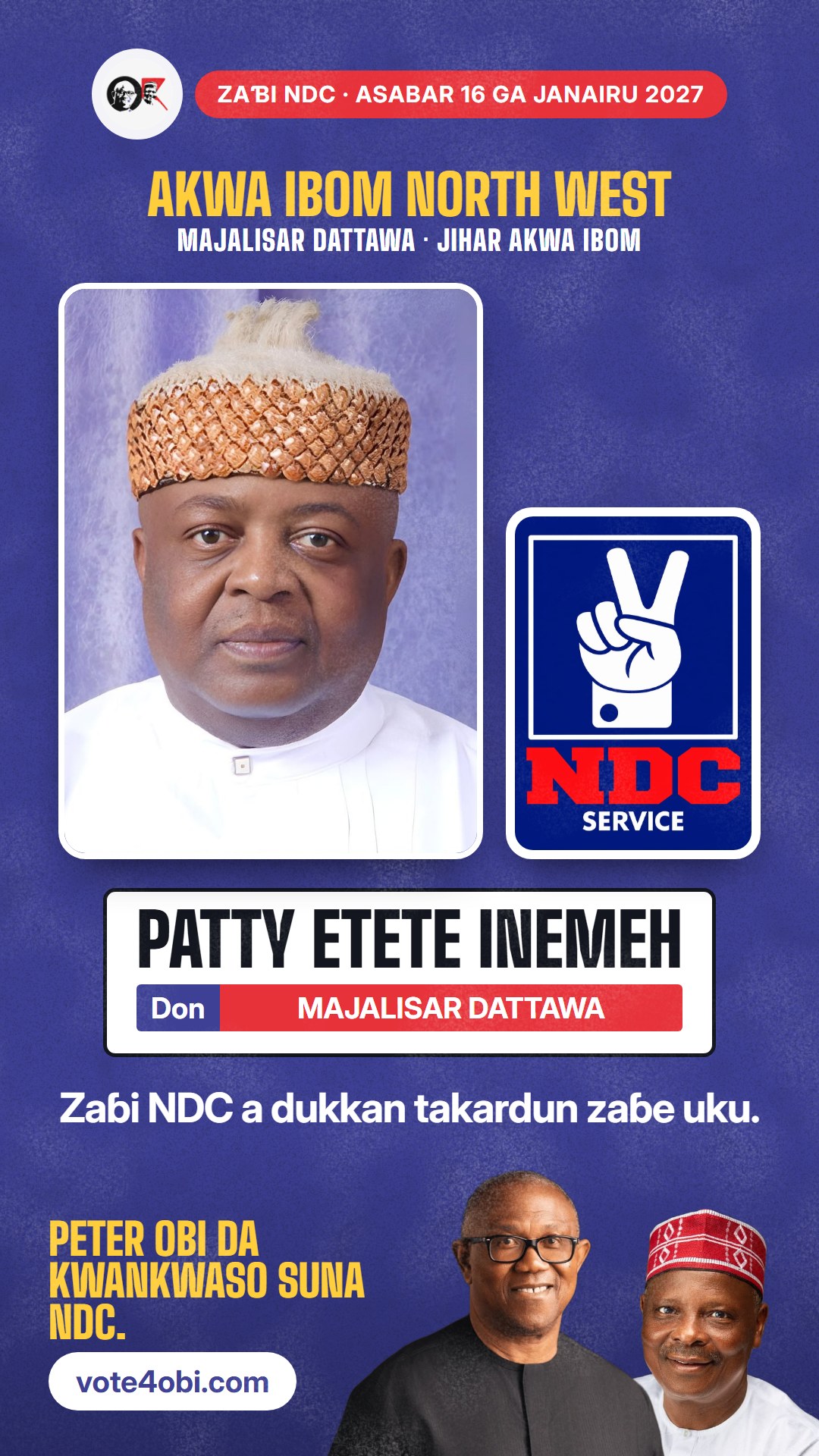 Hoton WhatsApp status: Patty Etete Inemeh, ɗan takarar NDC na Majalisar Dattawa, Akwa Ibom North West
