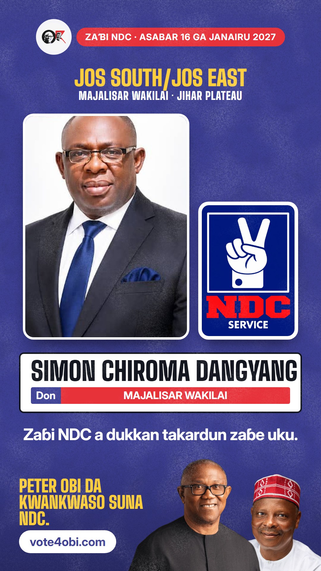 Hoton WhatsApp status: Simon Chiroma Dangyang, ɗan takarar NDC na Majalisar Wakilai, Jos South/Jos East