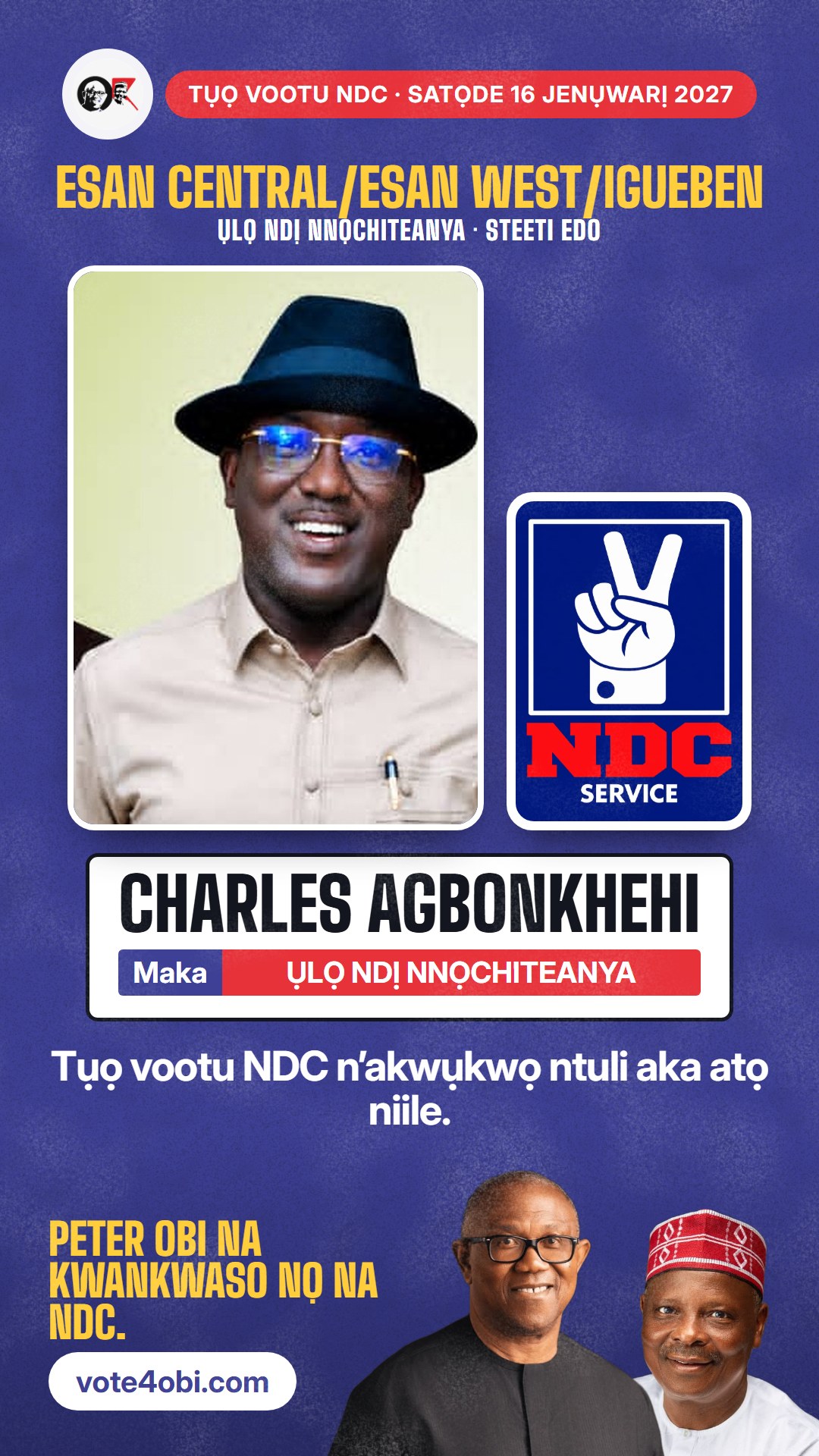 Foto WhatsApp status: Charles Agbonkhehi, onye NDC na-azọ maka Ụlọ Ndị Nnọchiteanya, Esan Central/Esan West/Igueben