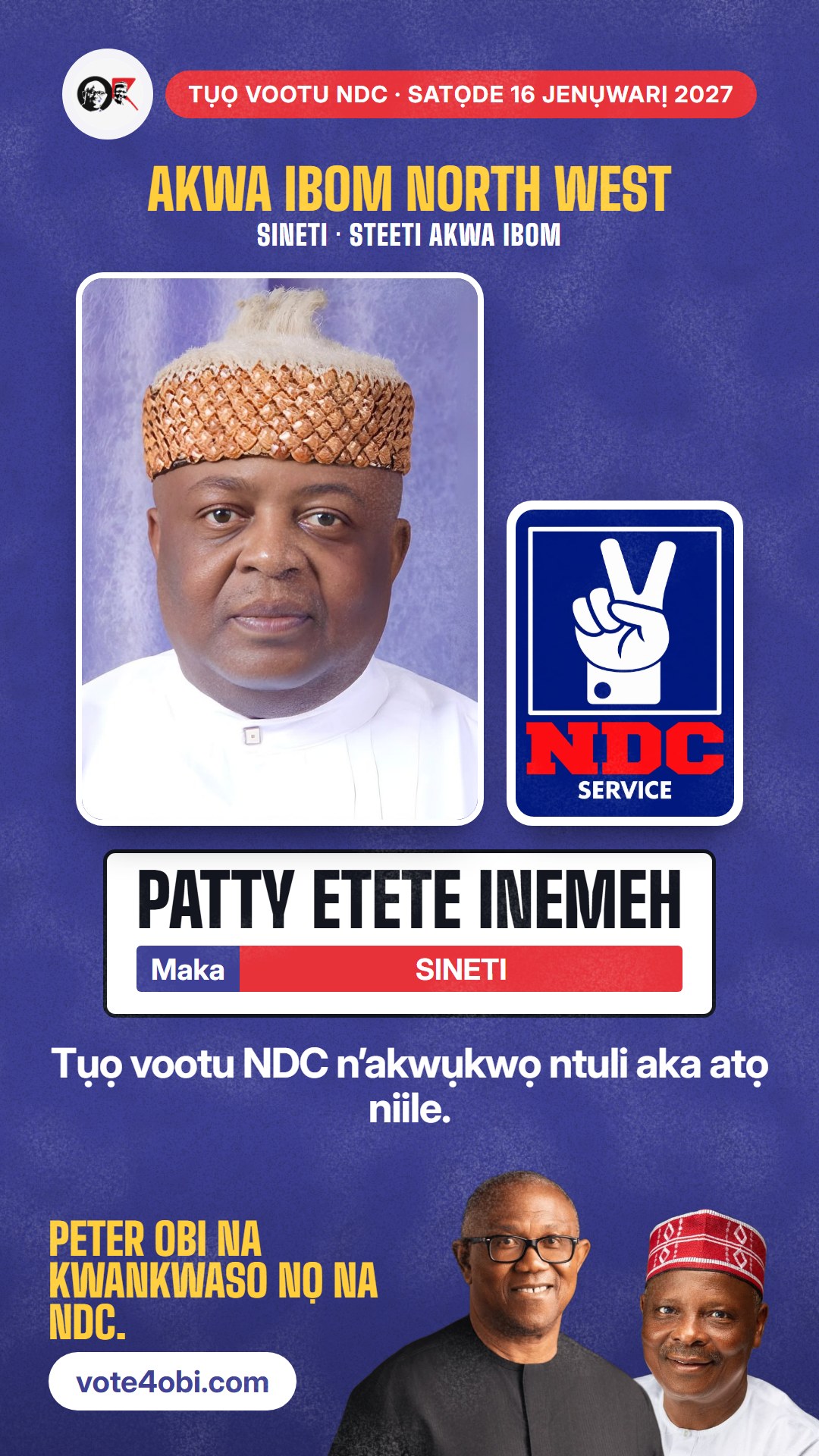 Foto WhatsApp status: Patty Etete Inemeh, onye NDC na-azọ maka Sineti, Akwa Ibom North West