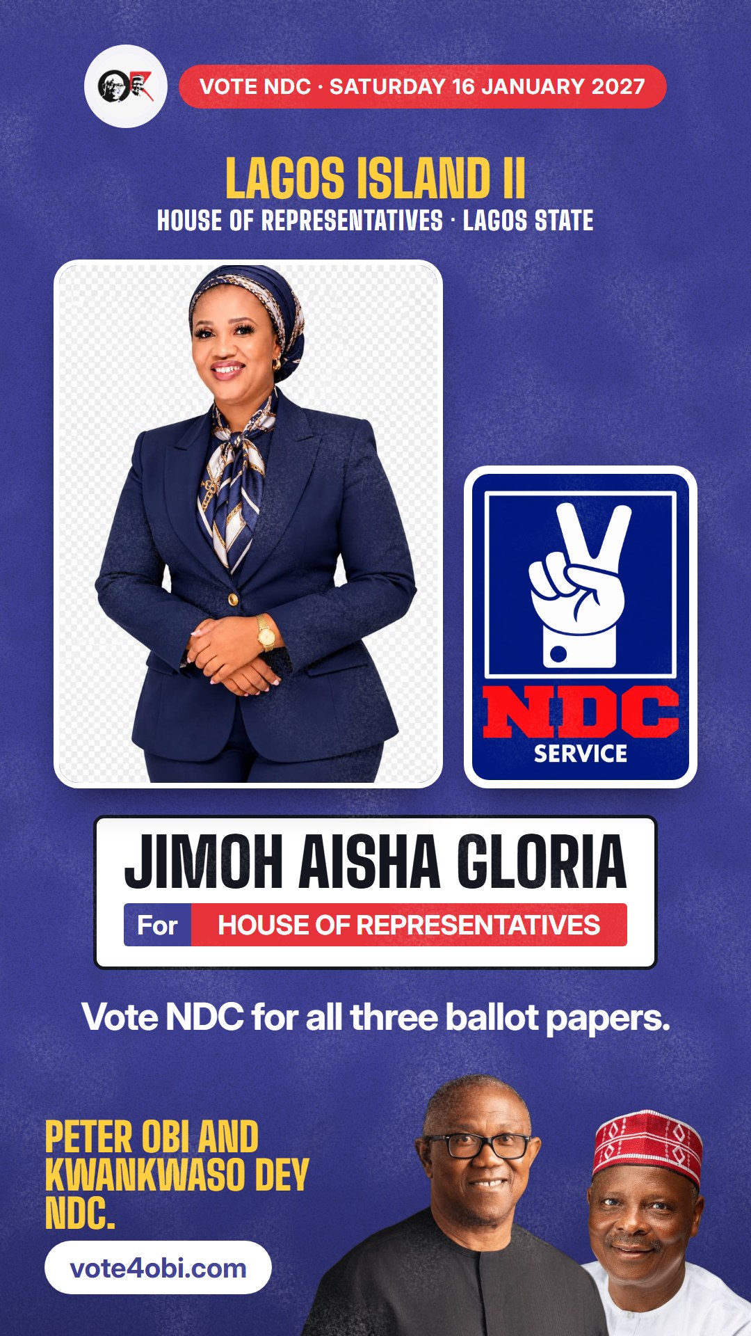 WhatsApp status picture: Jimoh Aisha Gloria, NDC candidate for House of Representatives, Lagos Island II