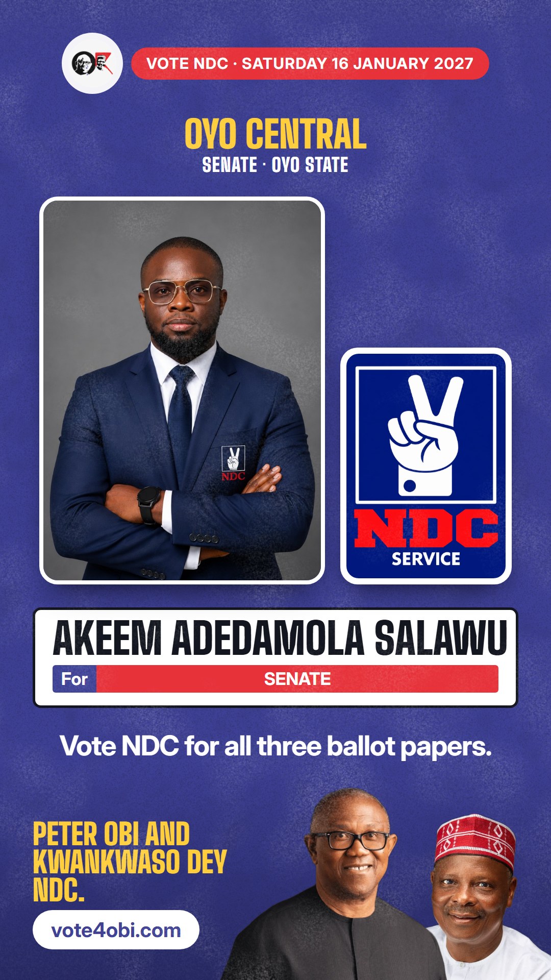 WhatsApp status picture: Akeem Adedamola Salawu, NDC candidate for Senate, Oyo Central
