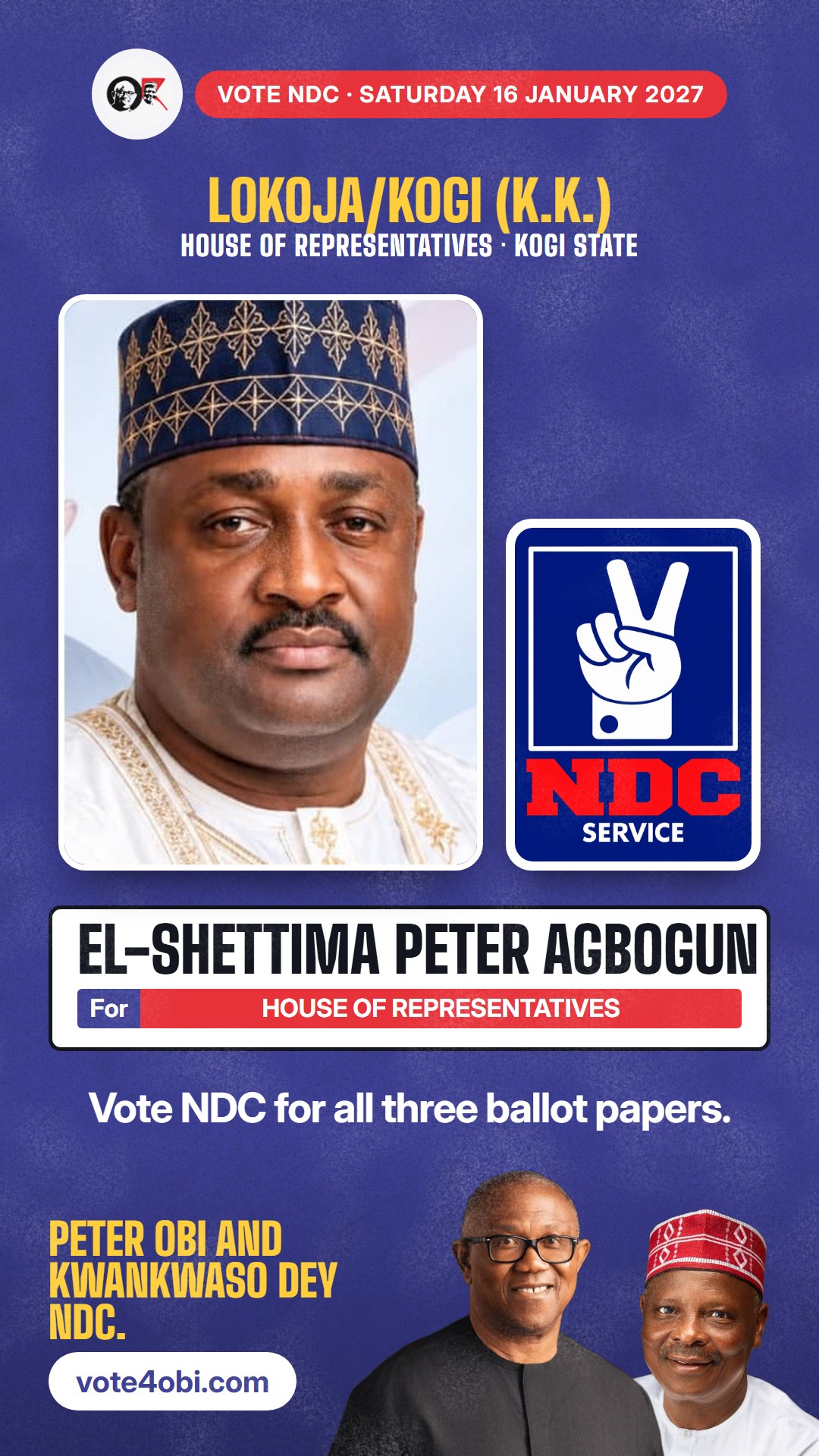WhatsApp status picture: El-Shettima Peter Agbogun, NDC candidate for House of Representatives, Lokoja/Kogi (K.K.)