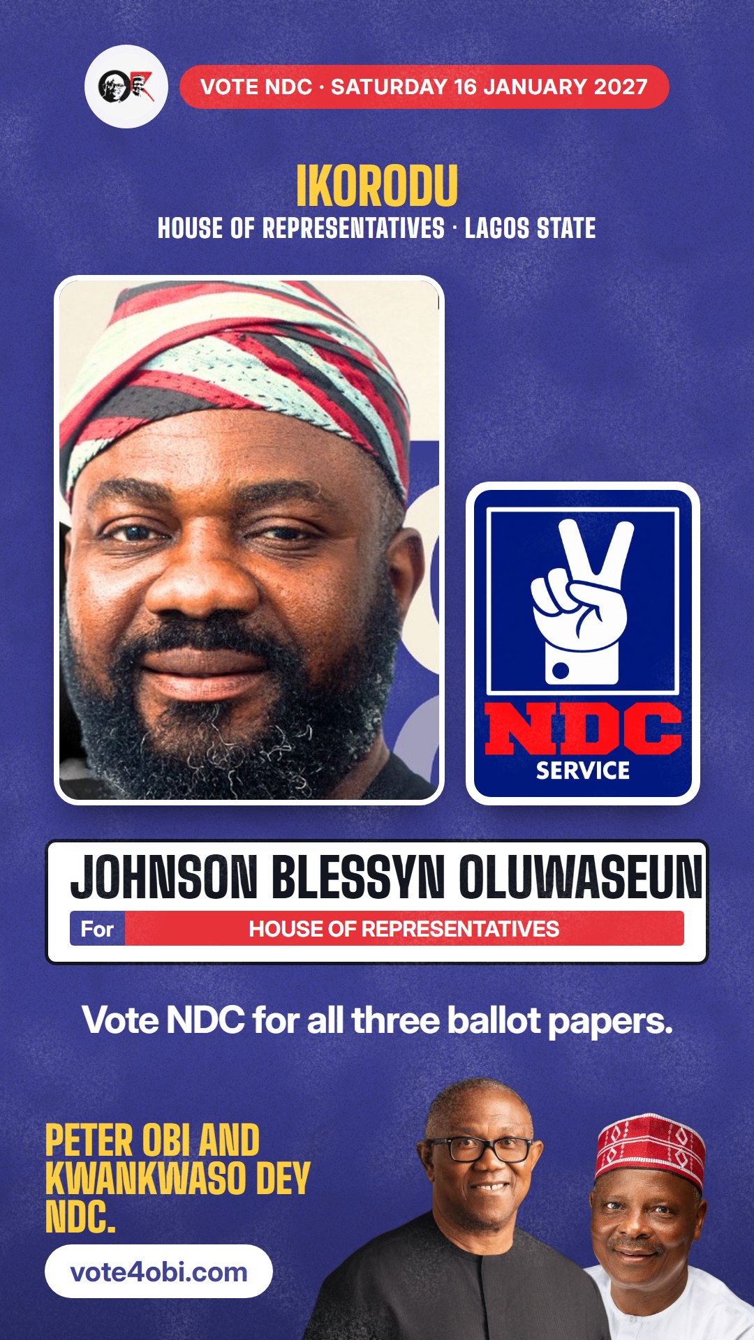 WhatsApp status picture: Johnson Blessyn Oluwaseun, NDC candidate for House of Representatives, Ikorodu