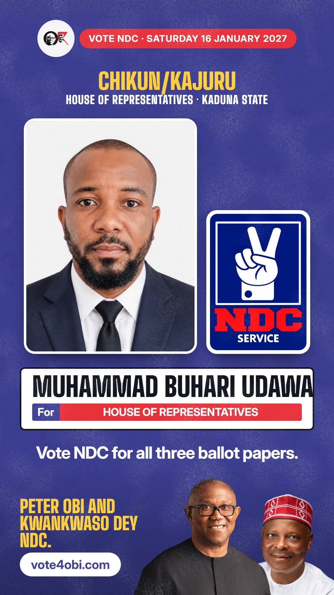 WhatsApp status picture: Muhammad Buhari Udawa, NDC candidate for House of Representatives, Chikun/Kajuru