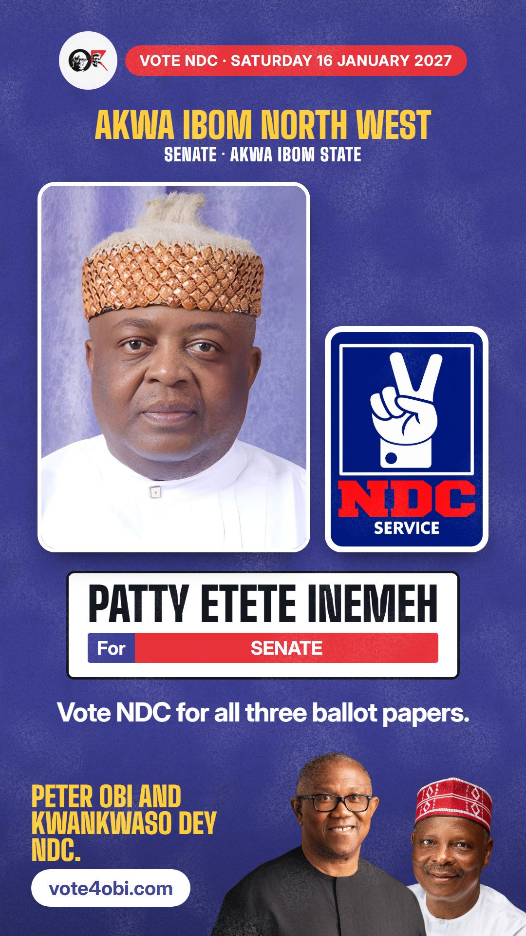 WhatsApp status picture: Patty Etete Inemeh, NDC candidate for Senate, Akwa Ibom North West