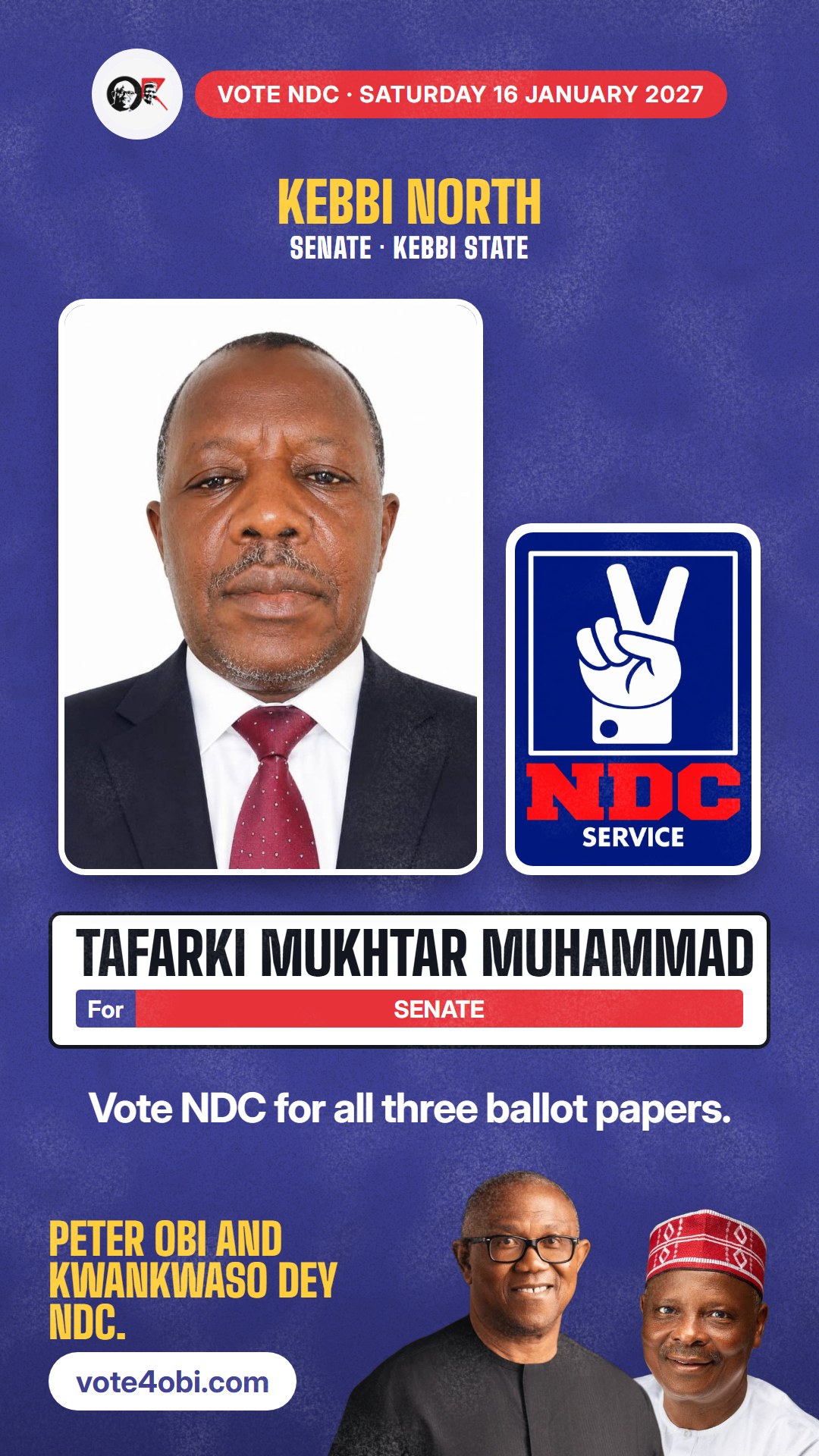 WhatsApp status picture: Tafarki Mukhtar Muhammad, NDC candidate for Senate, Kebbi North