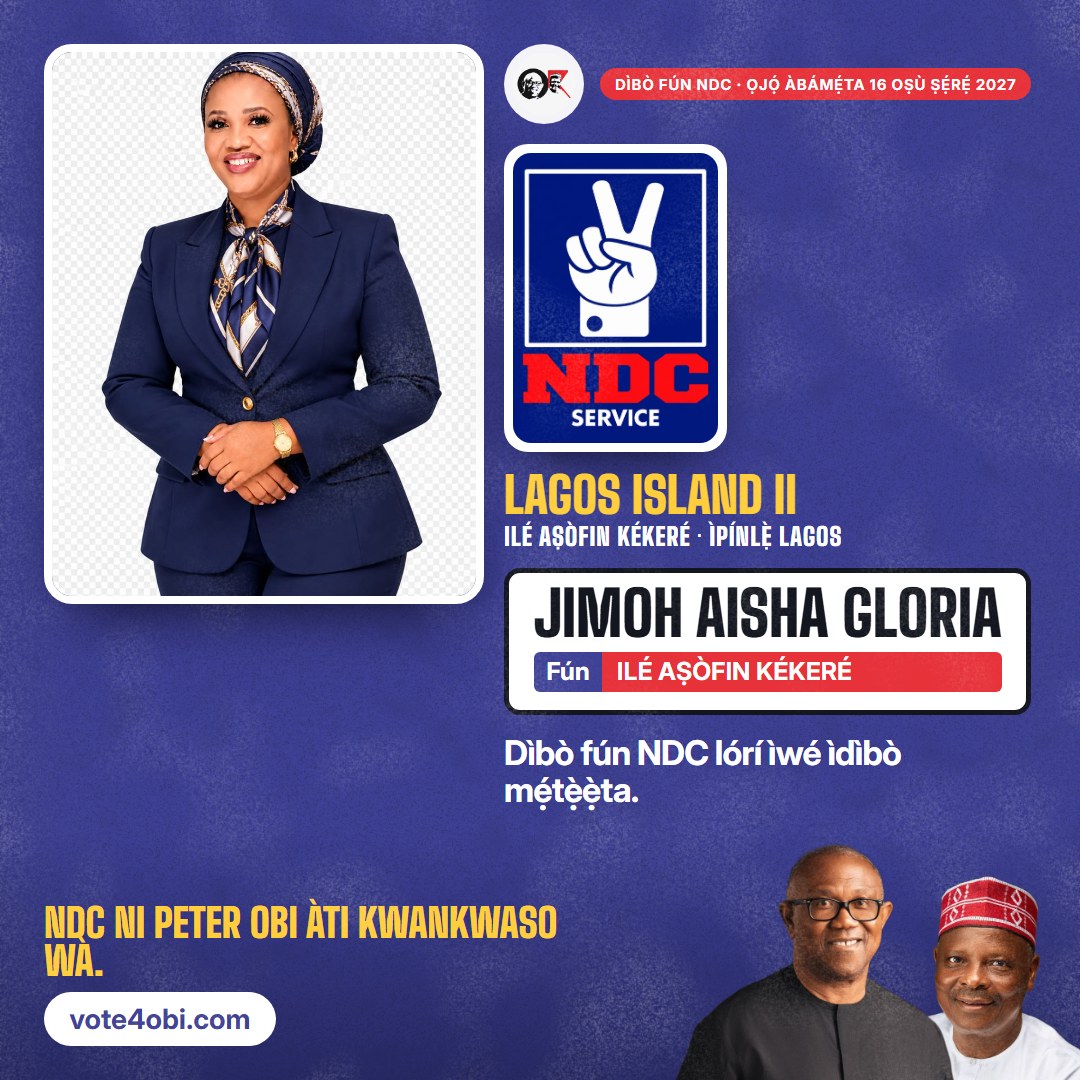 Àwòrán onígun mẹ́rin: Jimoh Aisha Gloria, olùdíje NDC fún Ilé Aṣòfin Kékeré, Lagos Island II