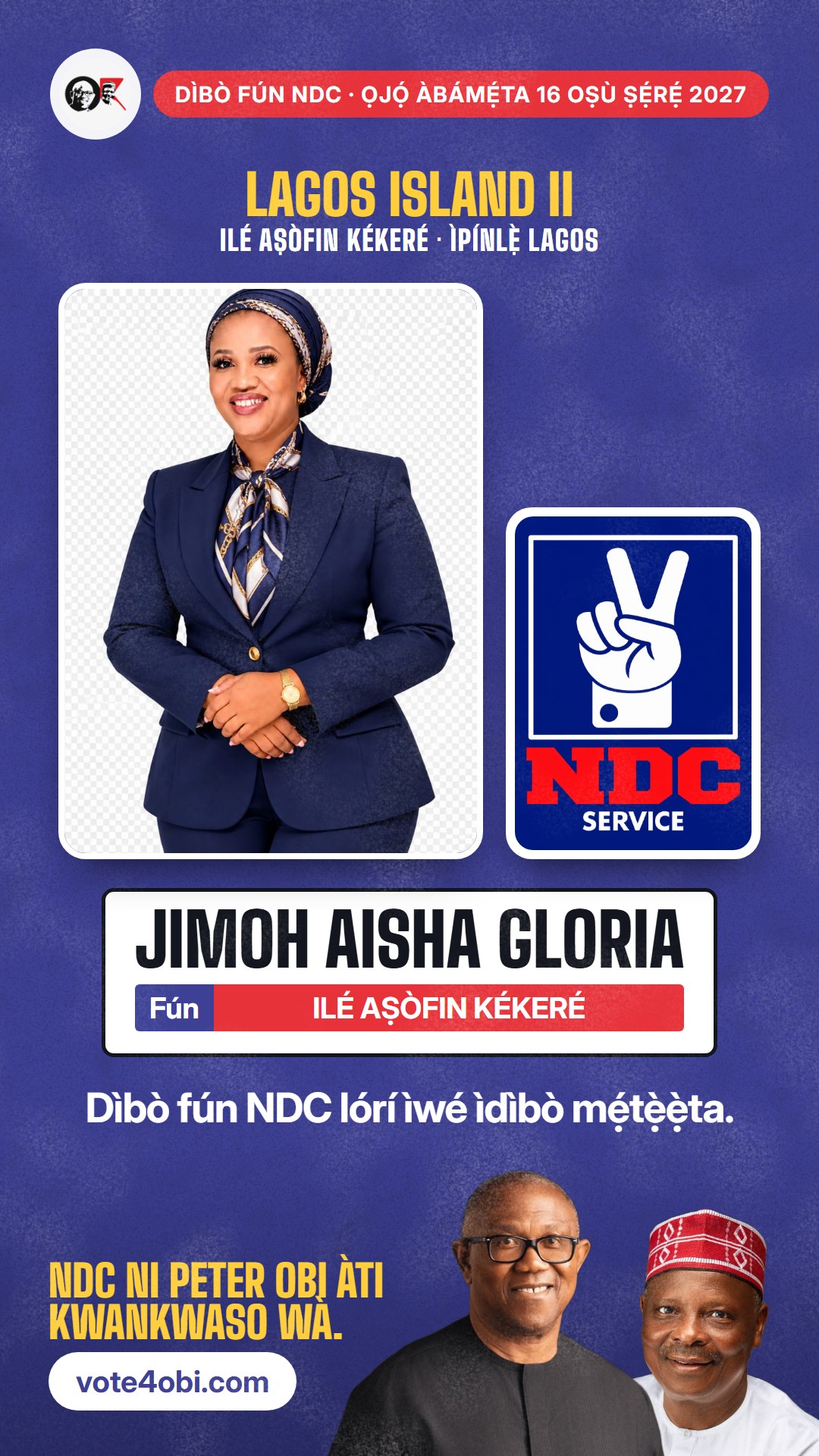 Àwòrán WhatsApp status: Jimoh Aisha Gloria, olùdíje NDC fún Ilé Aṣòfin Kékeré, Lagos Island II