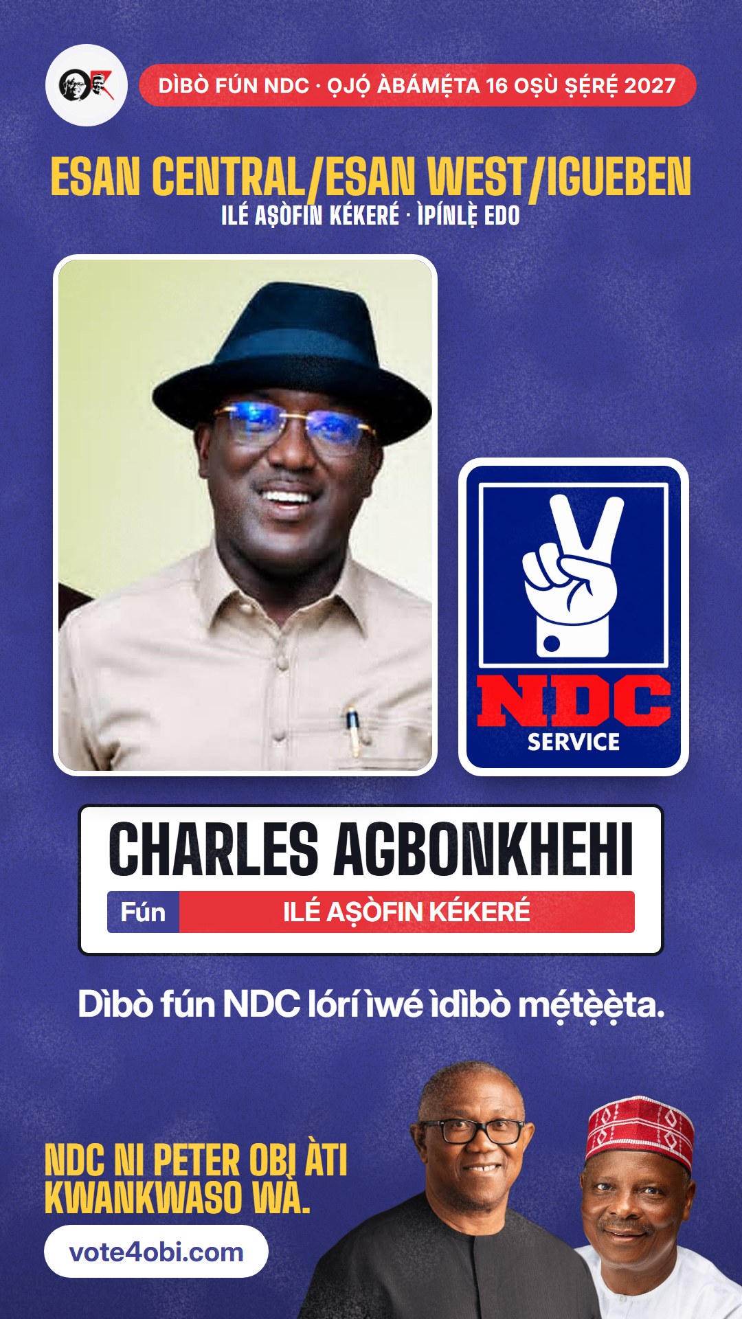 Àwòrán WhatsApp status: Charles Agbonkhehi, olùdíje NDC fún Ilé Aṣòfin Kékeré, Esan Central/Esan West/Igueben