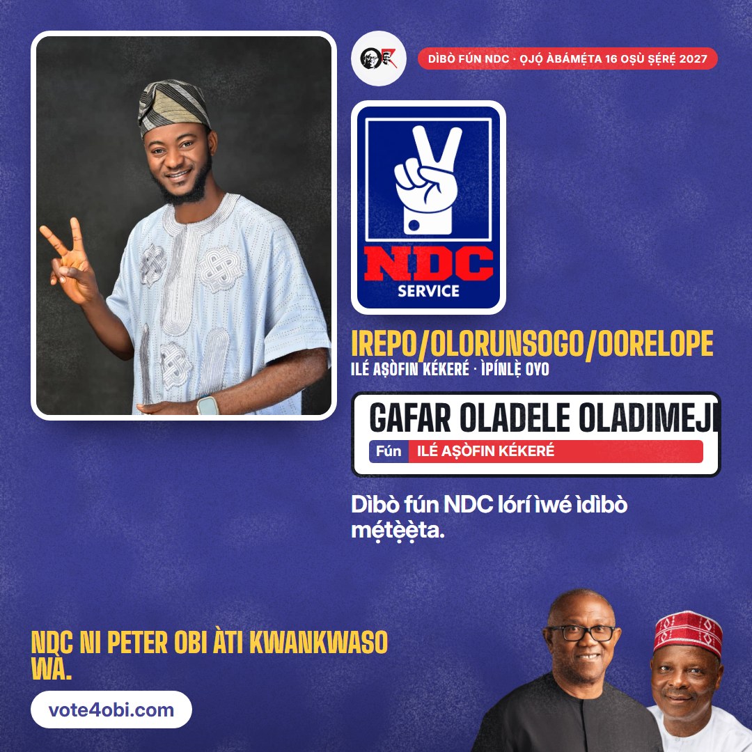 Àwòrán onígun mẹ́rin: Gafar Oladele Oladimeji, olùdíje NDC fún Ilé Aṣòfin Kékeré, Irepo/Olorunsogo/Oorelope