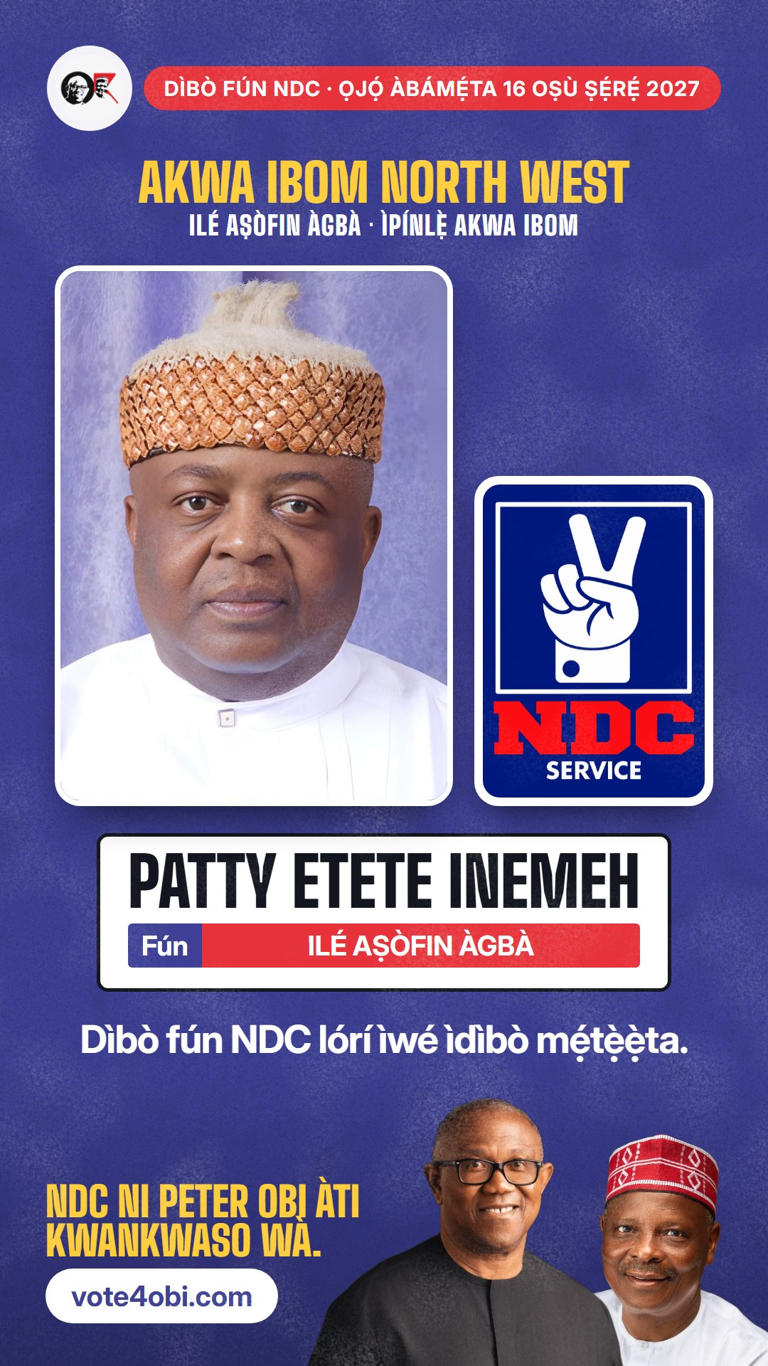 Àwòrán WhatsApp status: Patty Etete Inemeh, olùdíje NDC fún Ilé Aṣòfin Àgbà, Akwa Ibom North West