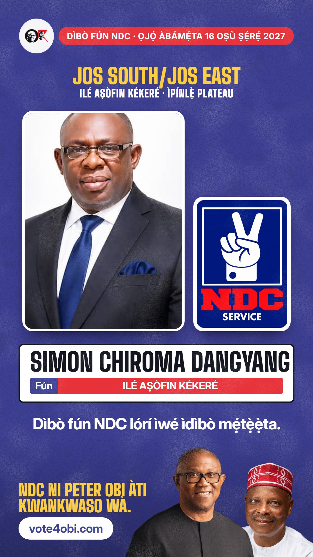 Àwòrán WhatsApp status: Simon Chiroma Dangyang, olùdíje NDC fún Ilé Aṣòfin Kékeré, Jos South/Jos East
