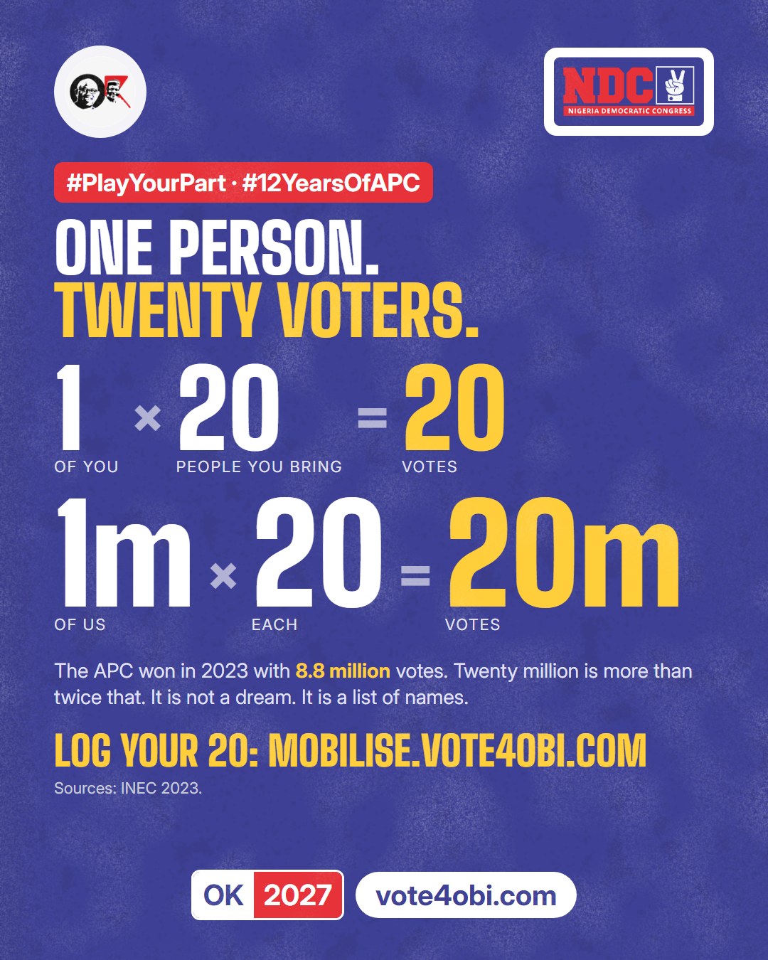 1 of you × 20 people you bring = 20 votes. 1m of us × 20 each = 20m votes. #PlayYourPart