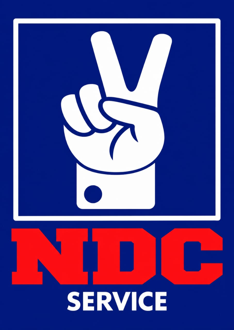 The NDC logo: a white hand making the V sign above the letters NDC in red, on dark blue