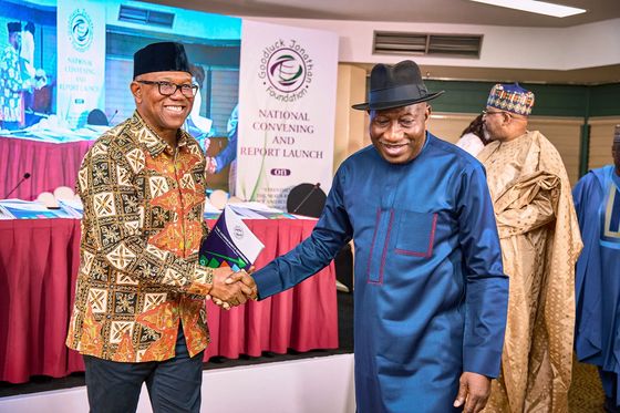 Peter Obi shaking hands with Goodluck Jonathan at a National Convening and Report Launch
