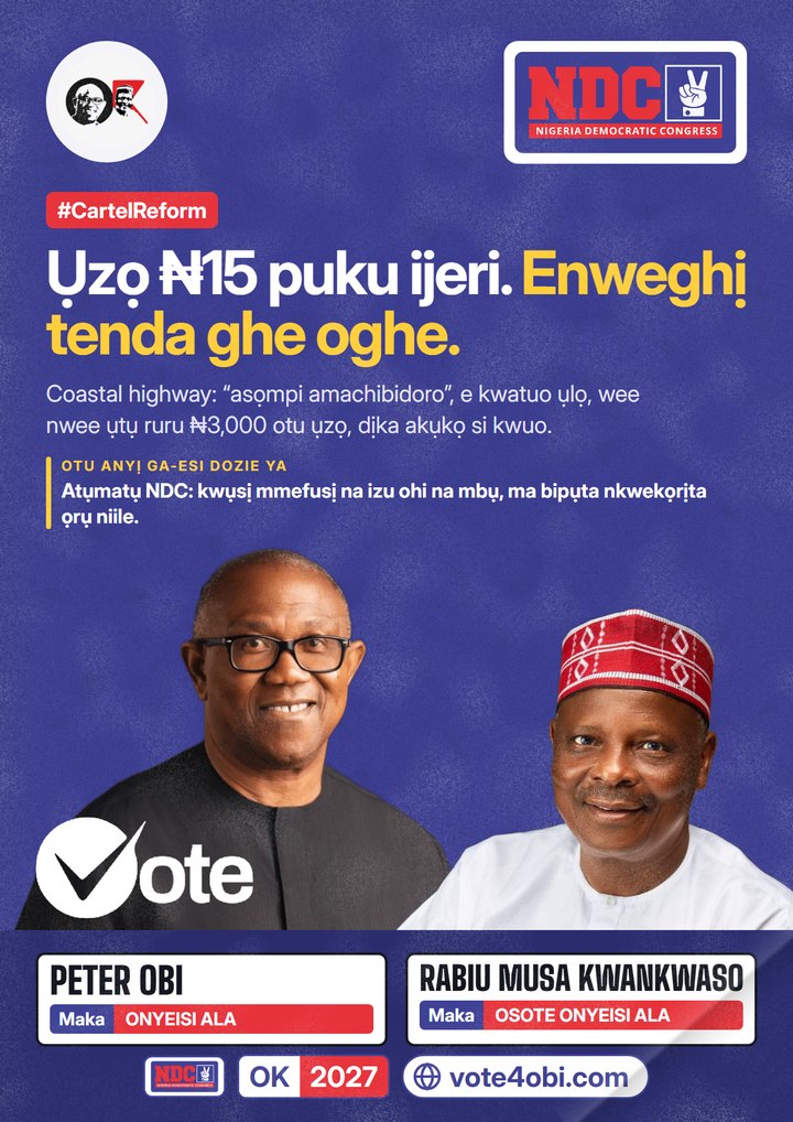 Okporo ụzọ ₦15 puku ijeri. Enweghị tenda ọha.