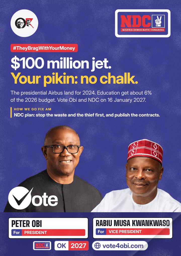 Jet wey cost $100 million. Your pikin: no chalk for class.