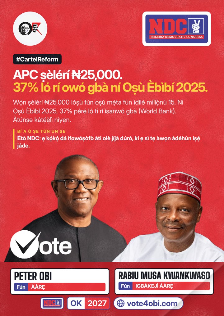 APC ṣèlérí ₦25,000. 37% ló rí owó gbà ní Oṣù Èbìbí 2025.
